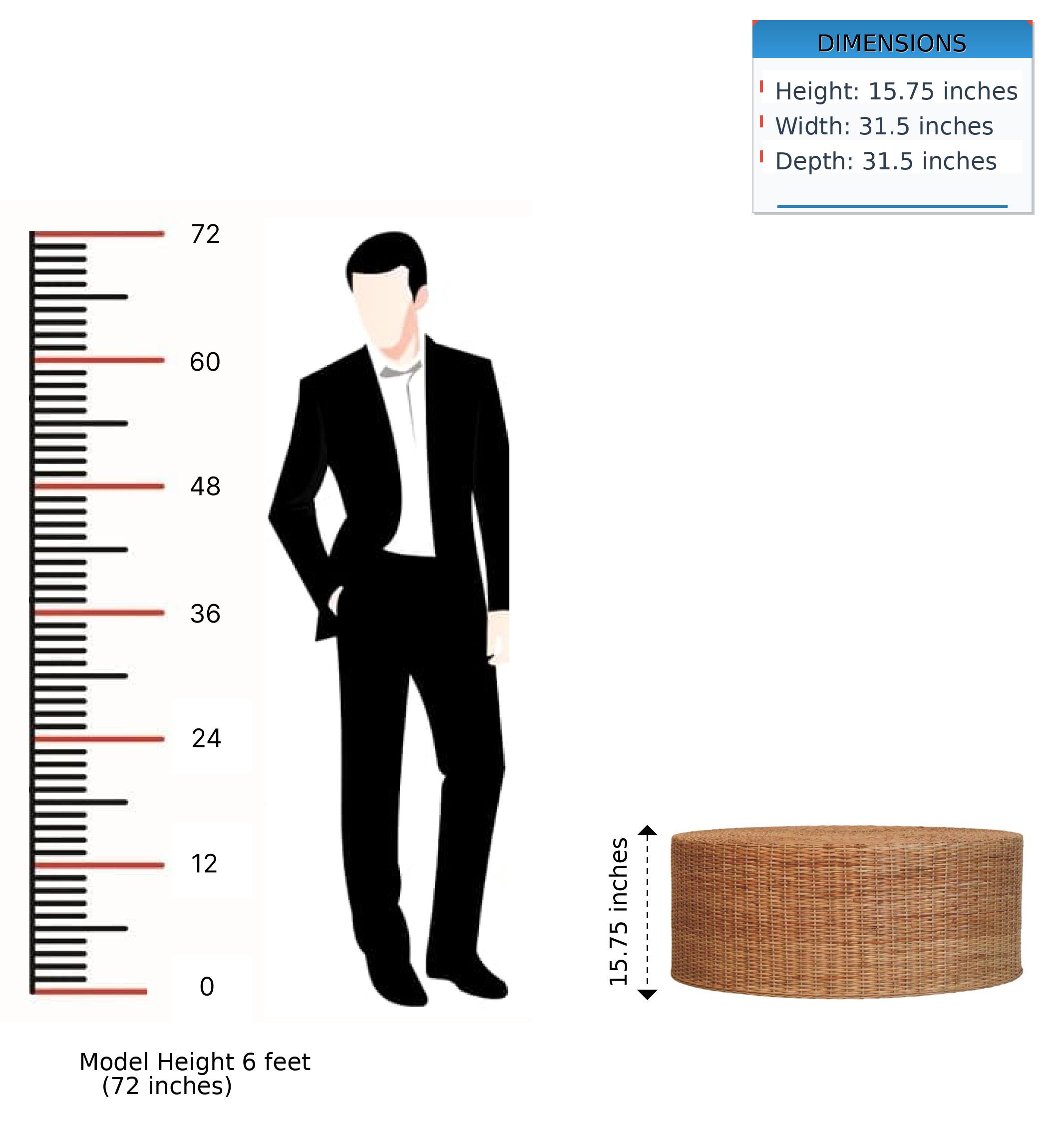 DIMENSIONS  
Height: 15.75 inches  
Width: 31.5 inches  
Depth: 31.5 inches  

Model Height: 6 feet (72 inches)