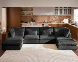 Yardgrace - 154" Oversized Corduroy Couch Modular Sectional Sofa,6 Seater Sectional Couches for Living Room, Fully Cover Removable - Black