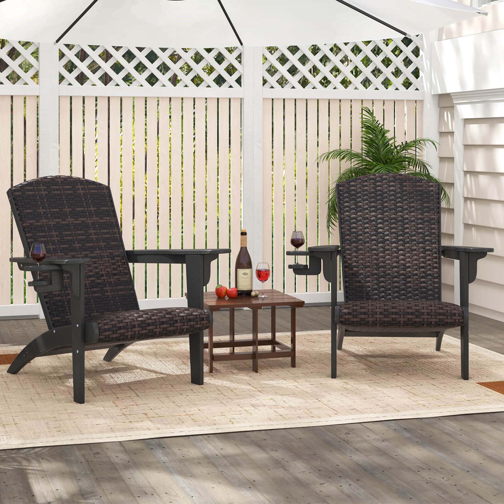 Back. Costway - Patio Adirondack Chair with Rattan Padded Seat Wide Armrests & Hidden Cupholder - Black,Mix Brown.