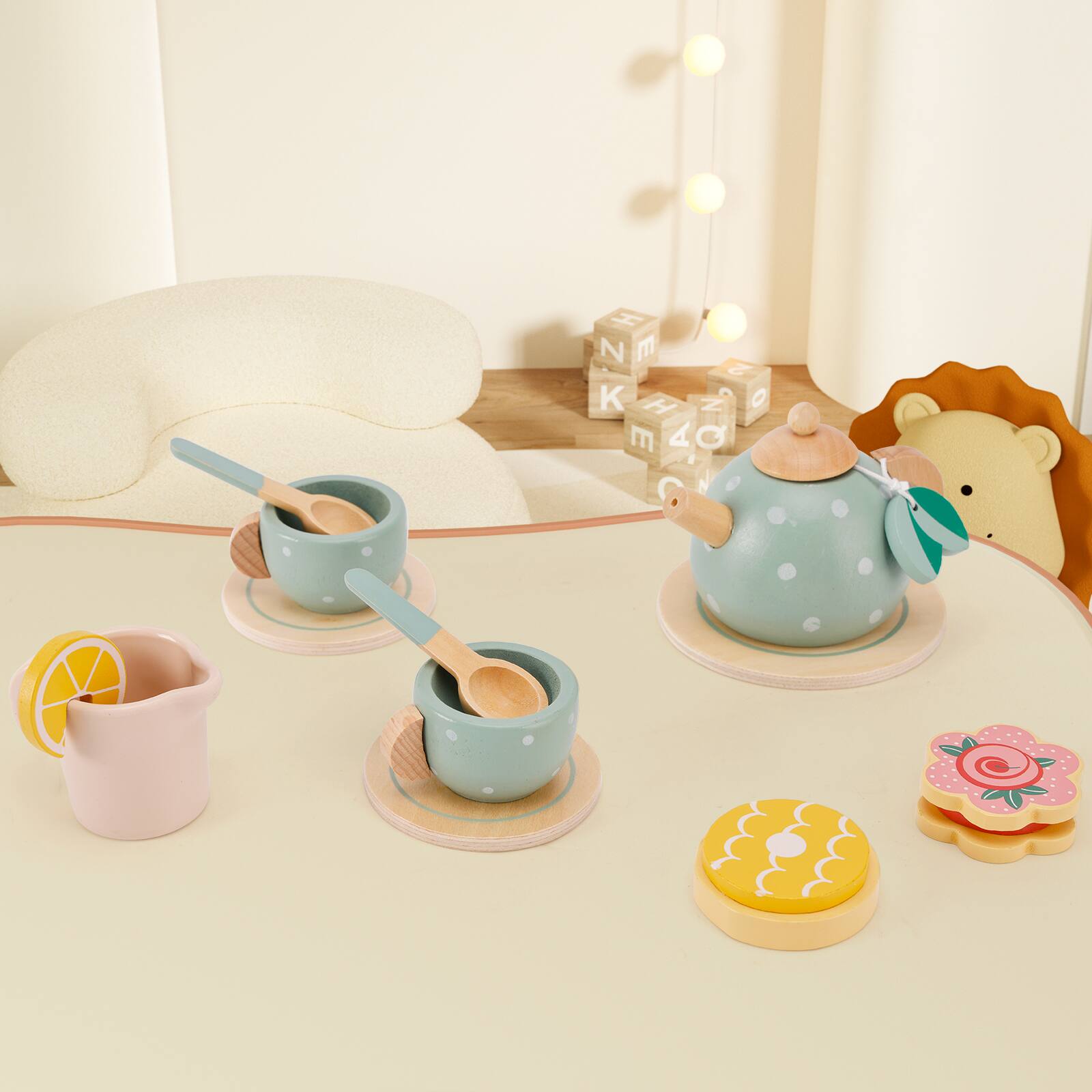 Angle. Topteng - 15-Piece Wooden Tea Set for Kids - Pretend Play Tea Party with Tray, Teapot & Play Food, Toy for Kid.
