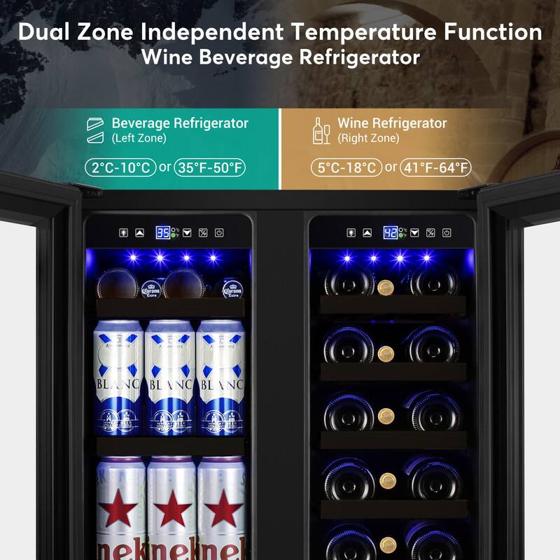 Dual Zone Independent Temperature Function Wine Beverage Refrigerator

Beverage Refrigerator (Left Zone)
2°C-10°C or 35°F-50°F

Wine Refrigerator (Right Zone)
5°C-18°C or 41°F-64°F

BLANC BLANC BLANC

nekenel