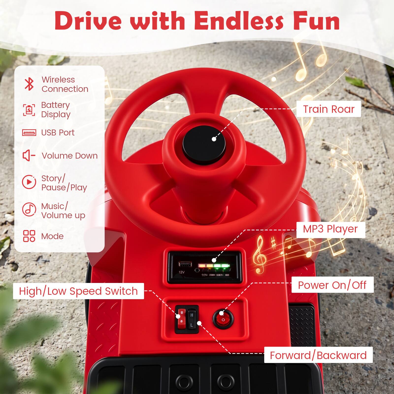 Drive with Endless Fun

- Wireless Connection
- Battery Display
- USB Port
- Volume Down
- Story/ Pause/Play
- Music/ Volume up
- Mode
- MP3 Player
- High/Low Speed Switch
- Power On/Off
- Forward/Backward
- Train Roar