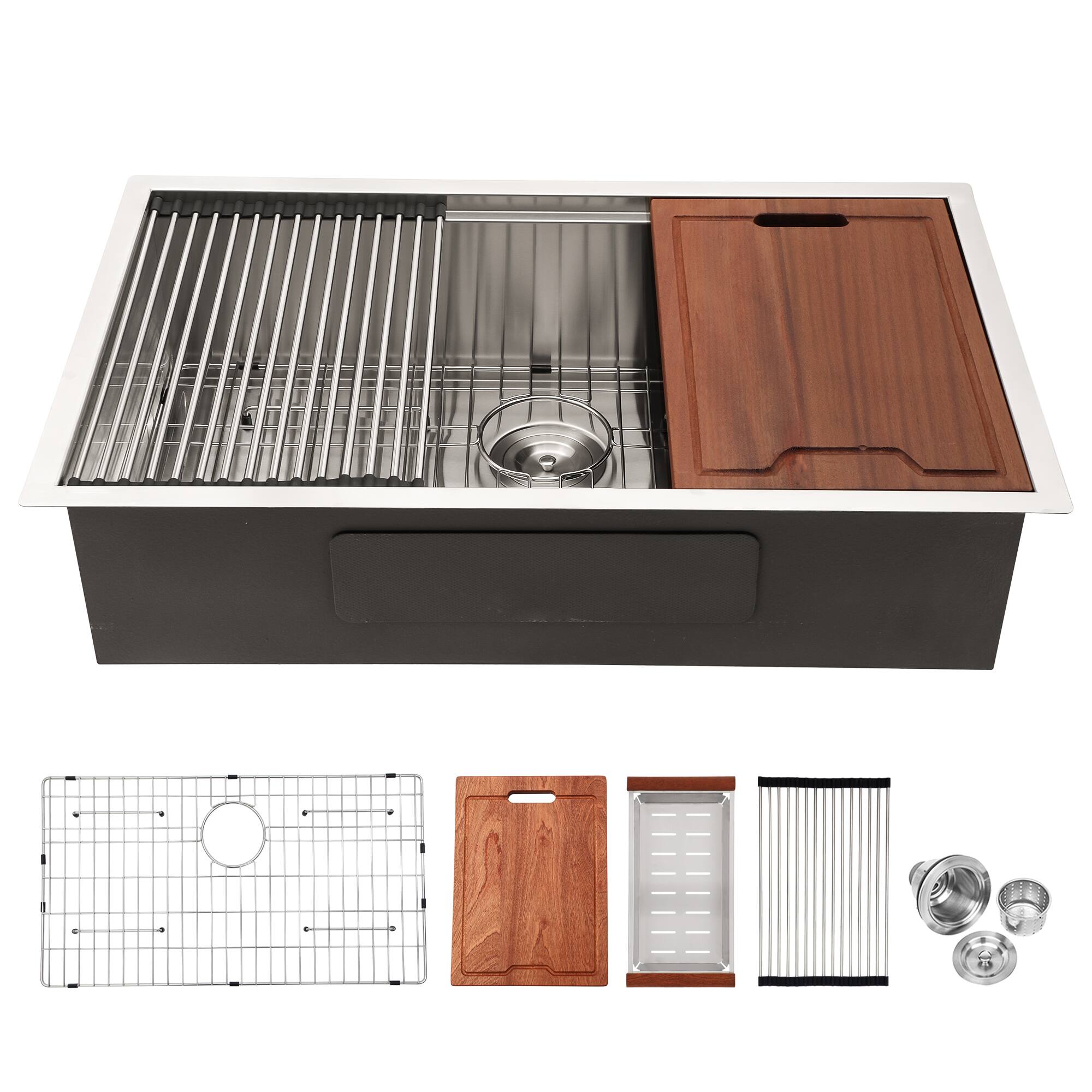 Angle. Siljoy - Single Bowl Undermount Workstation Kitchen Sink - 32"x19"x 10" Inch 16 Gauge Stainless Steel Deep Sink - Brushed Nickel.