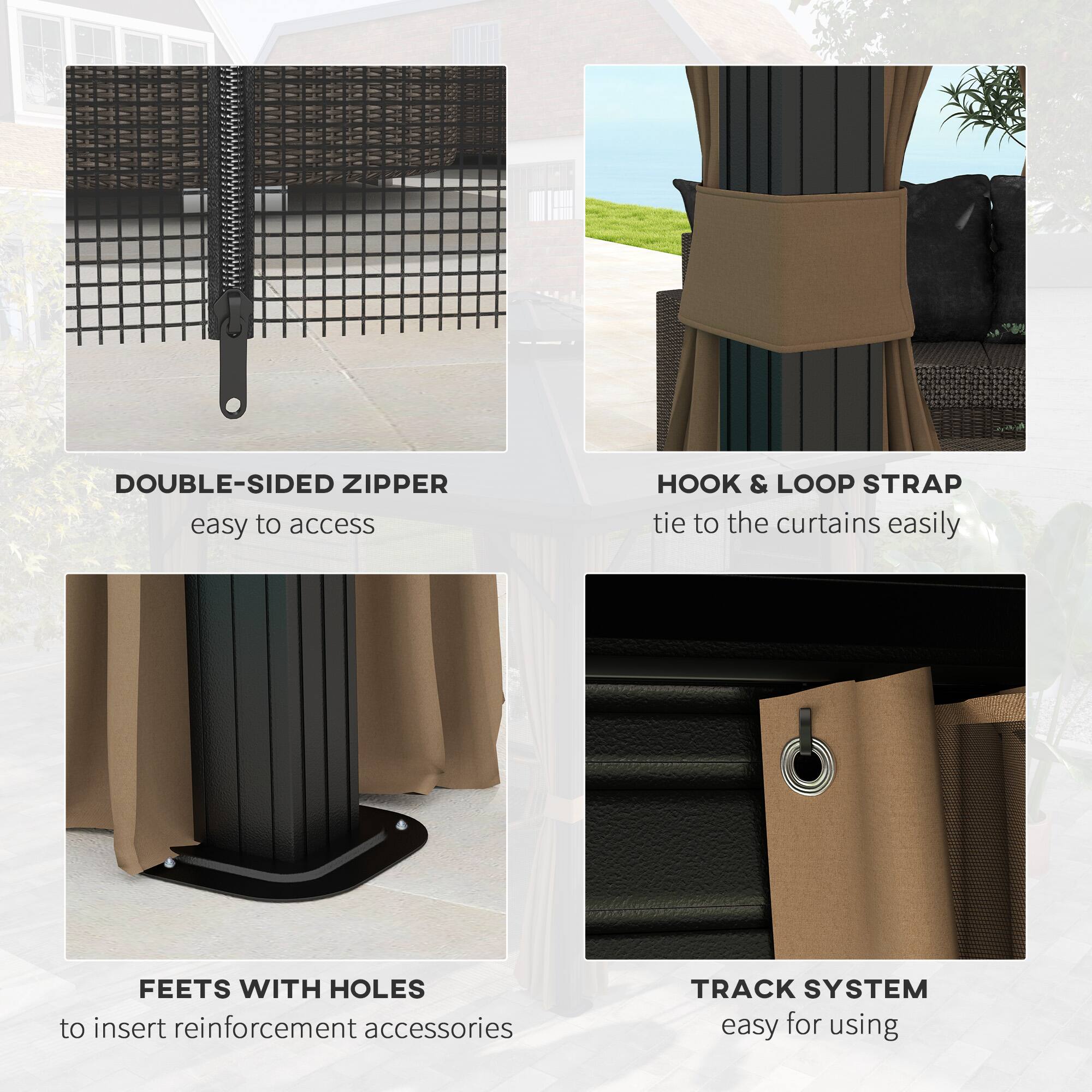 DOUBLE-SIDED ZIPPER easy to access
HOOK & LOOP STRAP tie to the curtains easily
FEETS WITH HOLES to insert reinforcement accessories
TRACK SYSTEM easy for using