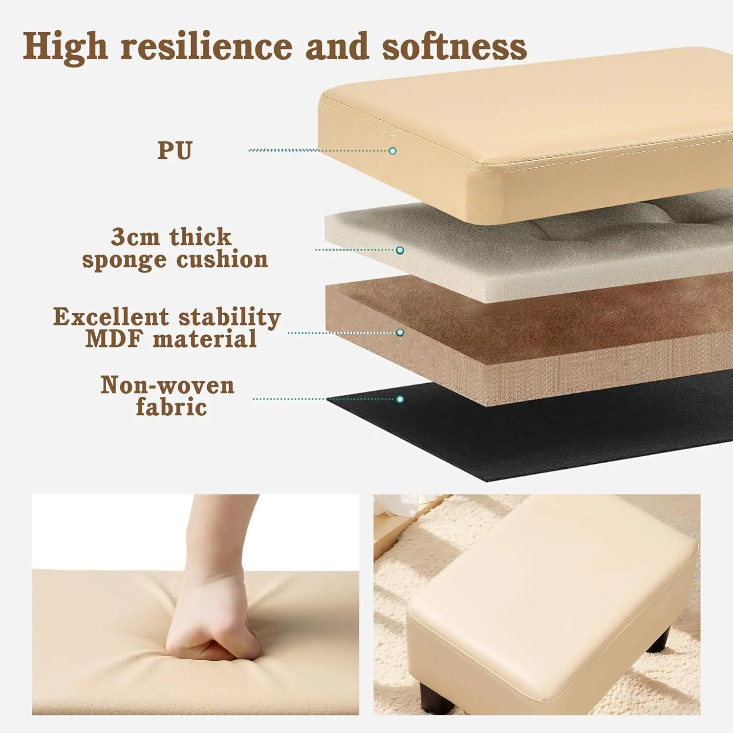 High resilience and softness

- PU
- 3cm thick sponge cushion
- Excellent stability MDF material
- Non-woven fabric