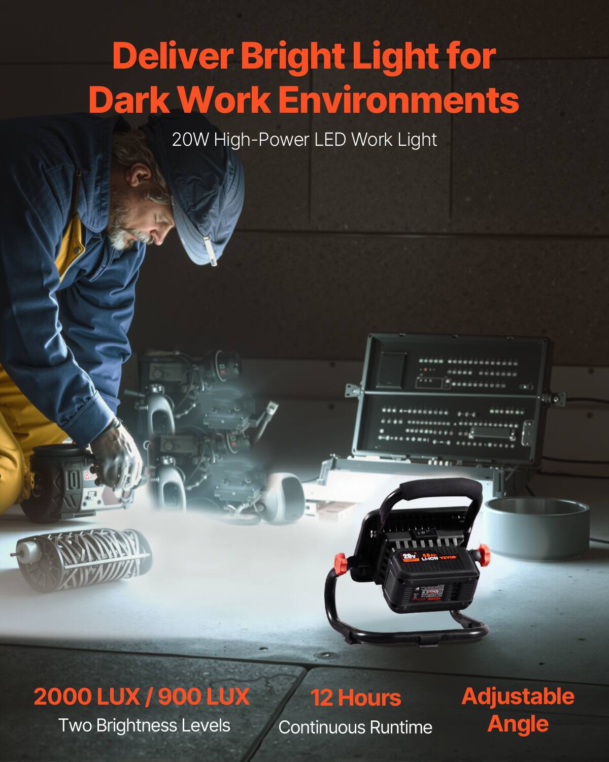 Deliver Bright Light for Dark Work Environments  
20W High-Power LED Work Light  

2000 LUX / 900 LUX  
Two Brightness Levels  

12 Hours  
Continuous Runtime  

Adjustable Angle