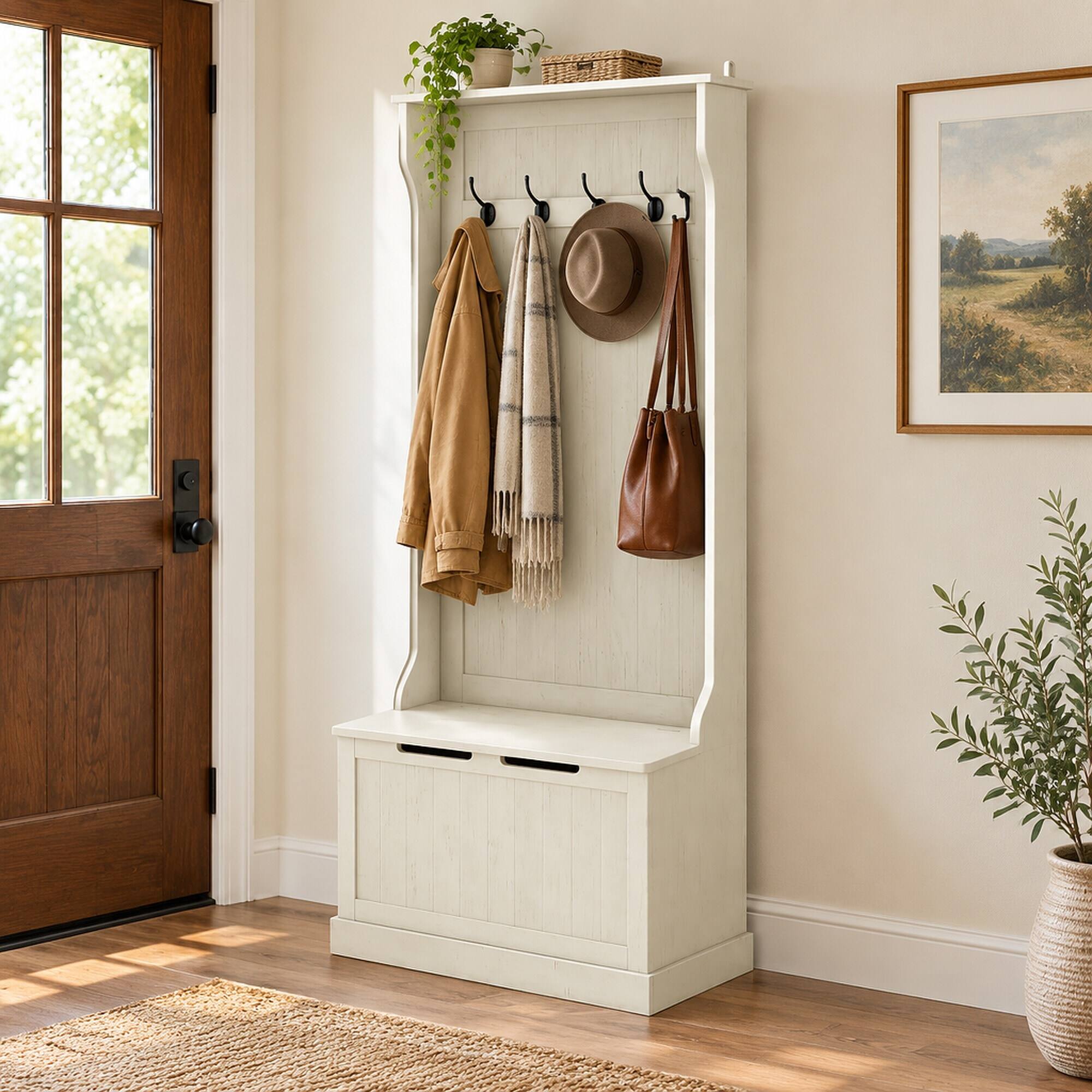 Back. RYHNUYNE - Multi-Use Hall Tree Bench, Cream White MDF, 4 Steel Double Hooks, Shoe Storage, 67 in Tall - Cream White.