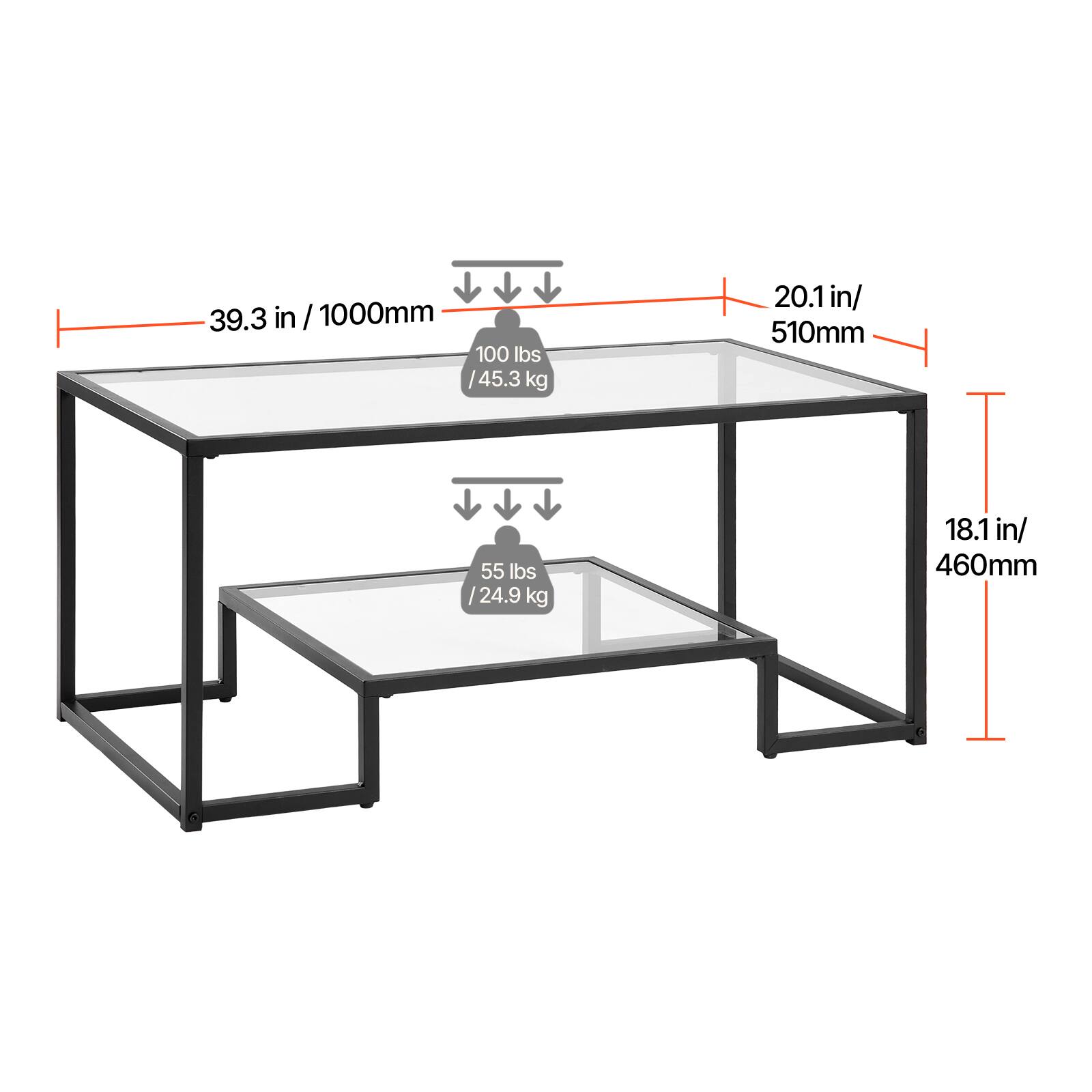 39.3 in / 1000mm  
100 lbs / 45.3 kg  
20.1 in / 510mm  
55 lbs / 24.9 kg  
18.1 in / 460mm