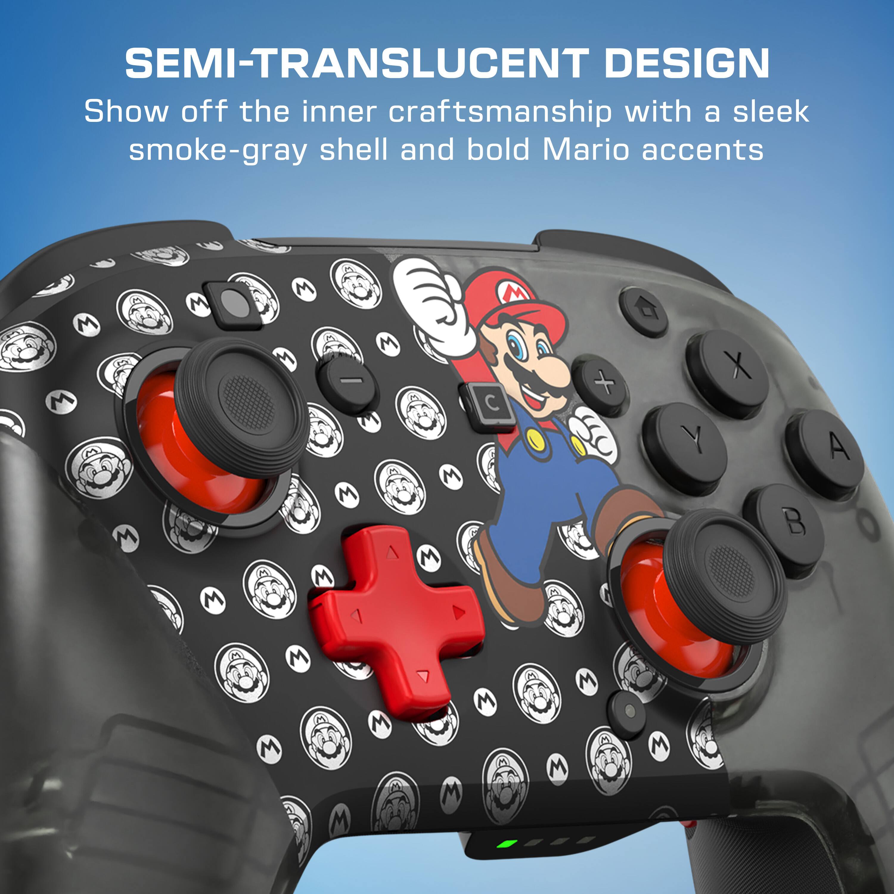 SEMI-TRANSLUCENT DESIGN  
Show off the inner craftsmanship with a sleek smoke-gray shell and bold Mario accents