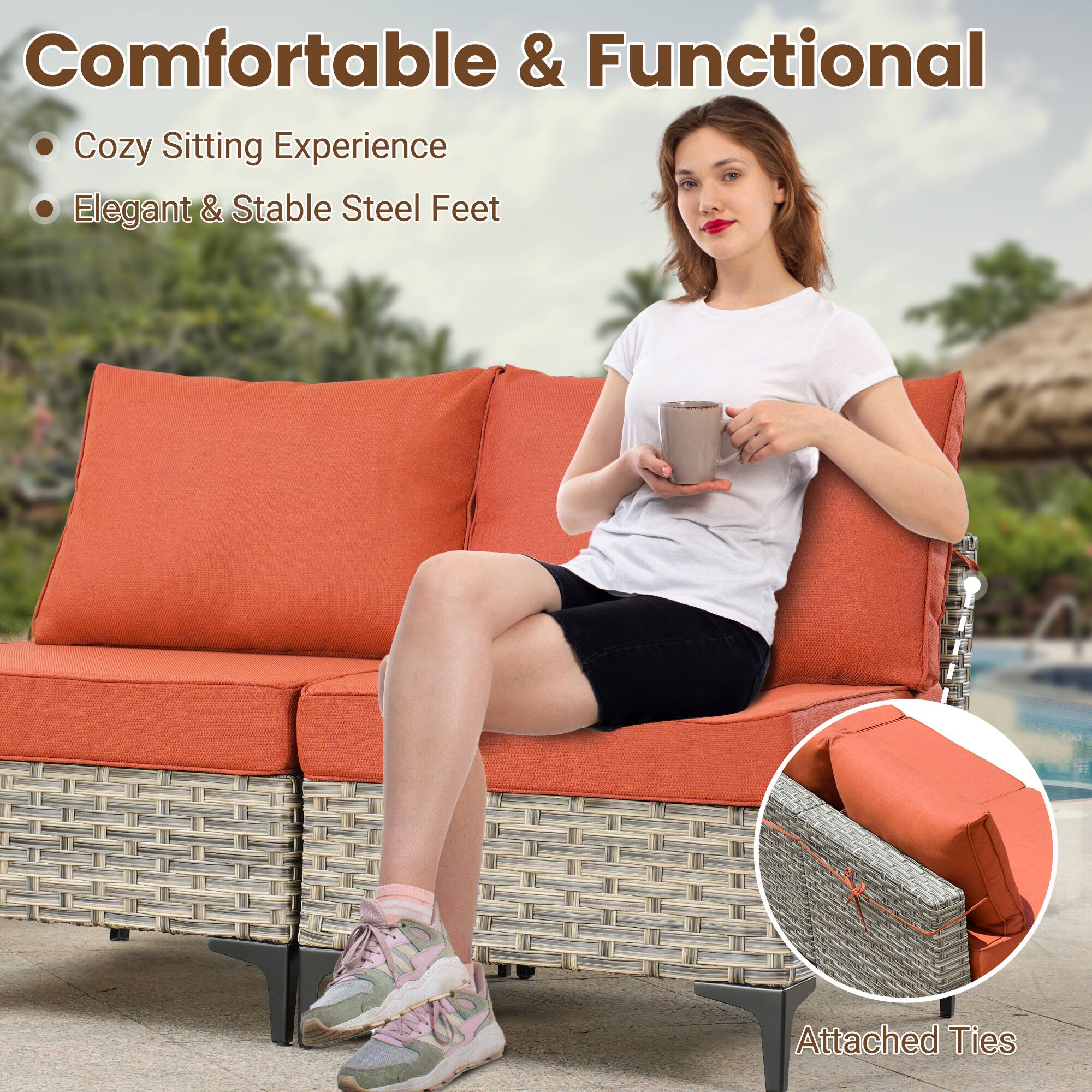 Comfortable & Functional  
- Cozy Sitting Experience  
- Elegant & Stable Steel Feet  
Attached Ties