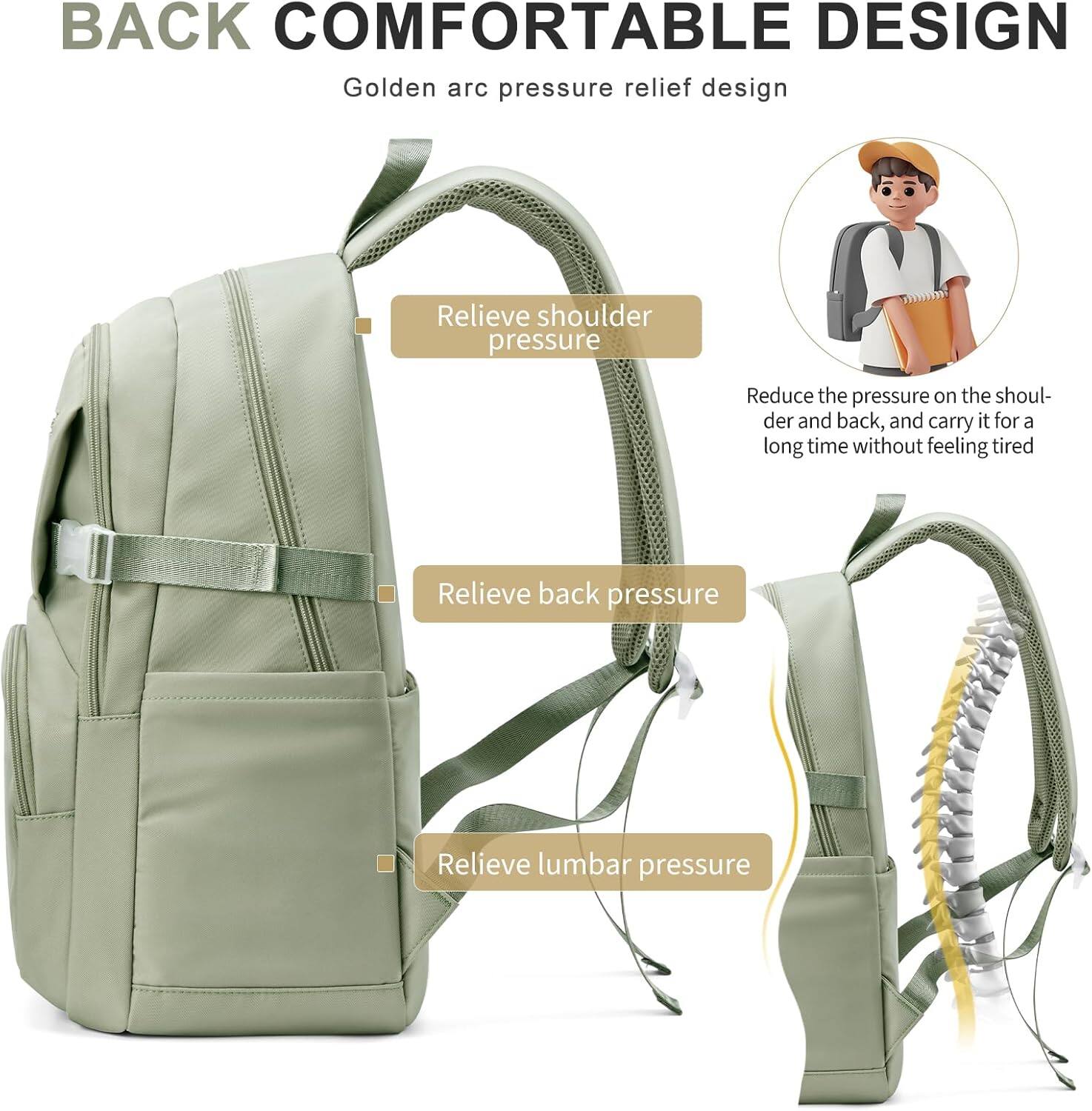 **BACK COMFORTABLE DESIGN**

Golden arc pressure relief design

- Relieve shoulder pressure
- Relieve back pressure
- Relieve lumbar pressure

Reduce the pressure on the shoulder and back, and carry it for a long time without feeling tired