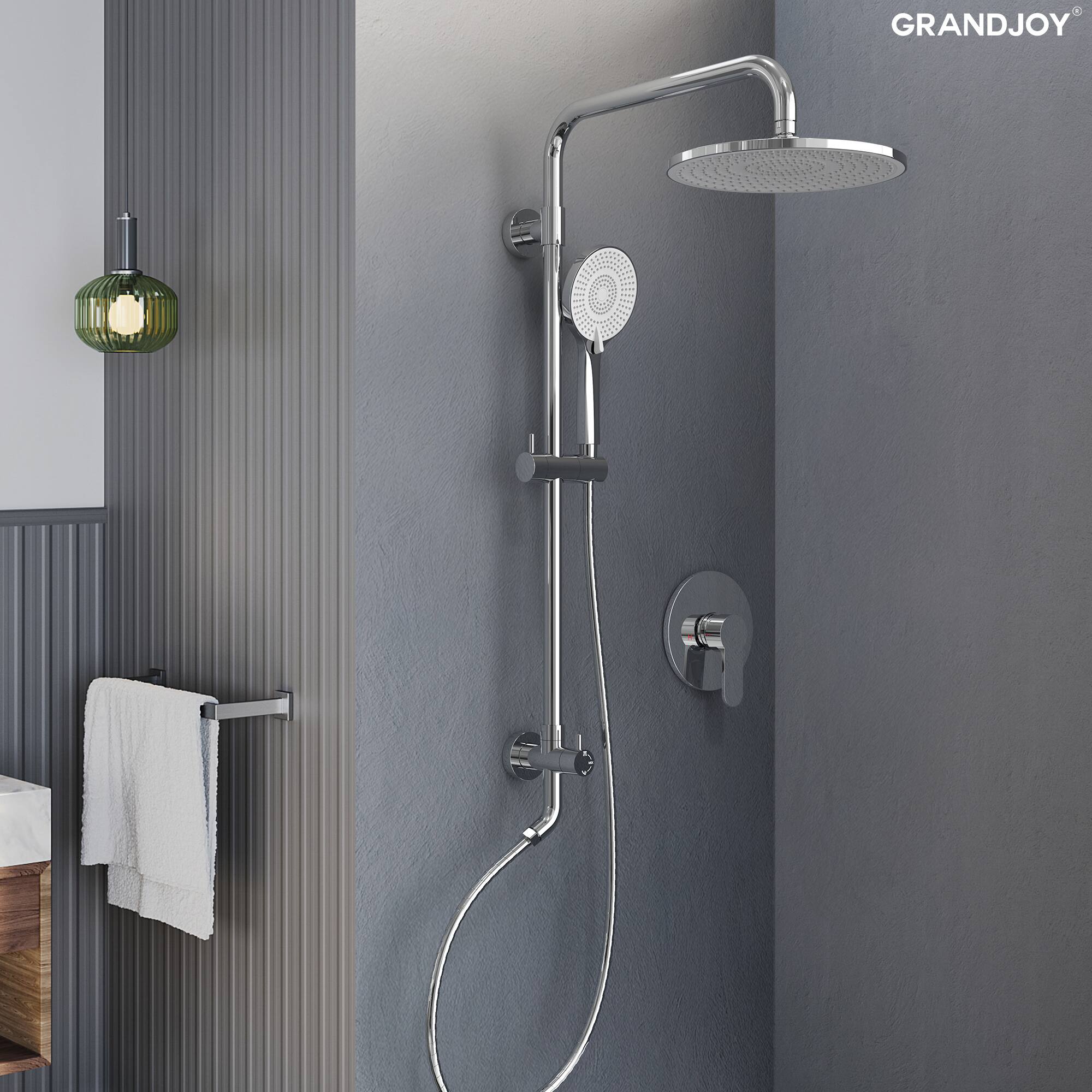 Angle. GRANDJOY - Exposed Pipe Shower System with 10 in Round Rain Head and Simultaneous Dual-Flow Handheld Sprayer - Chrome.