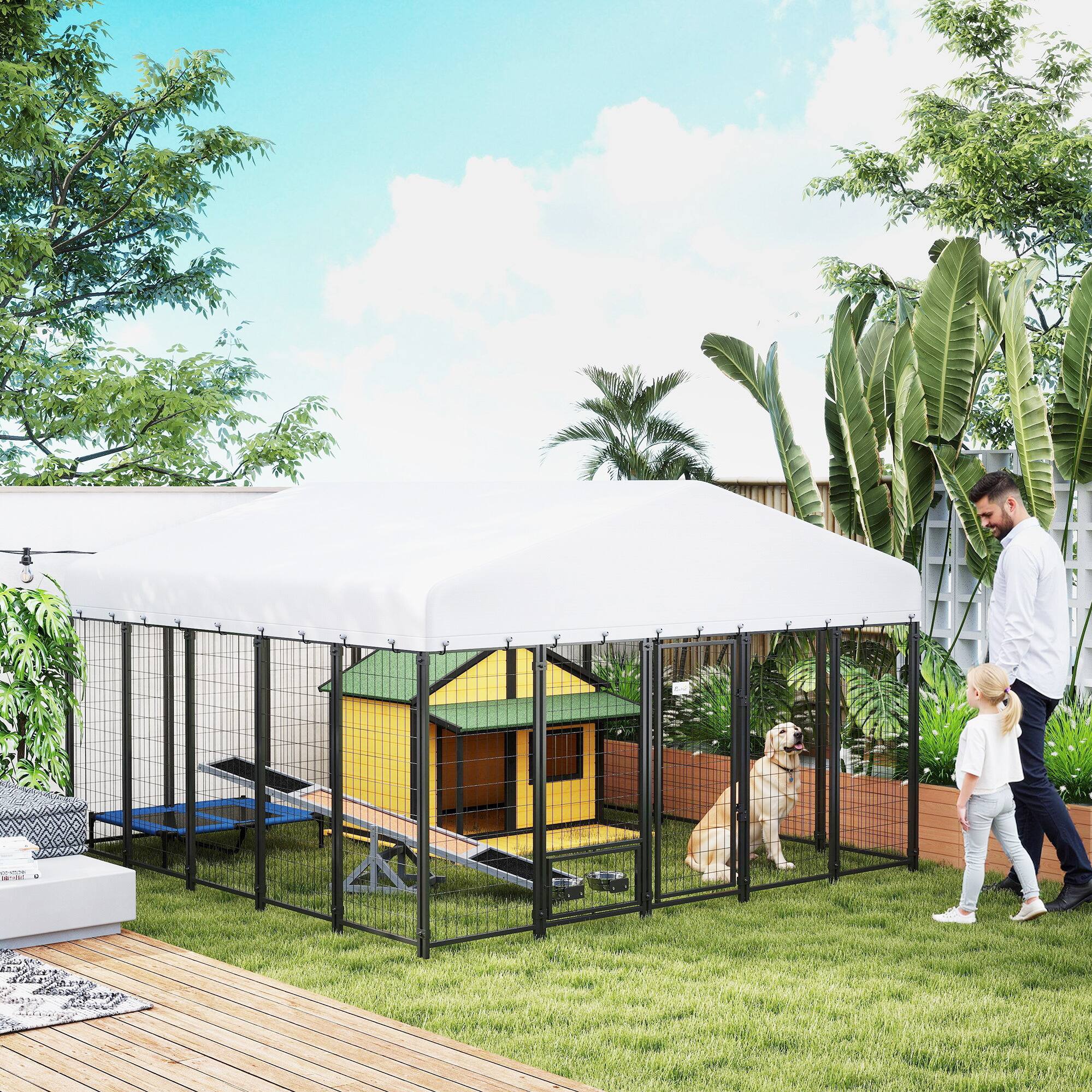 Alt View 1. Pawhut - x 9.8' x 6' Outdoor Dog Kennel, Dog Kennel Outside Run with 360° Rotating Bowls - Silver.