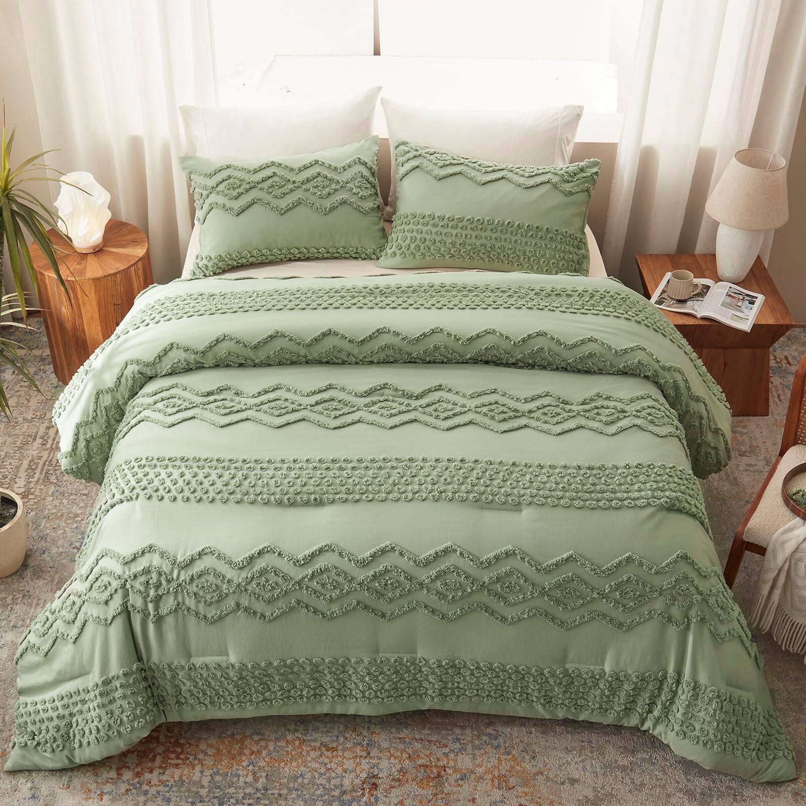 Alt View 5. PARKER SLATER - Sage Green Tufted Comforter Set King Size 3 Pieces Boho Shabby Chic Farmhouse Embroidery Bedding Soft For All... - Olive Green-Queen.