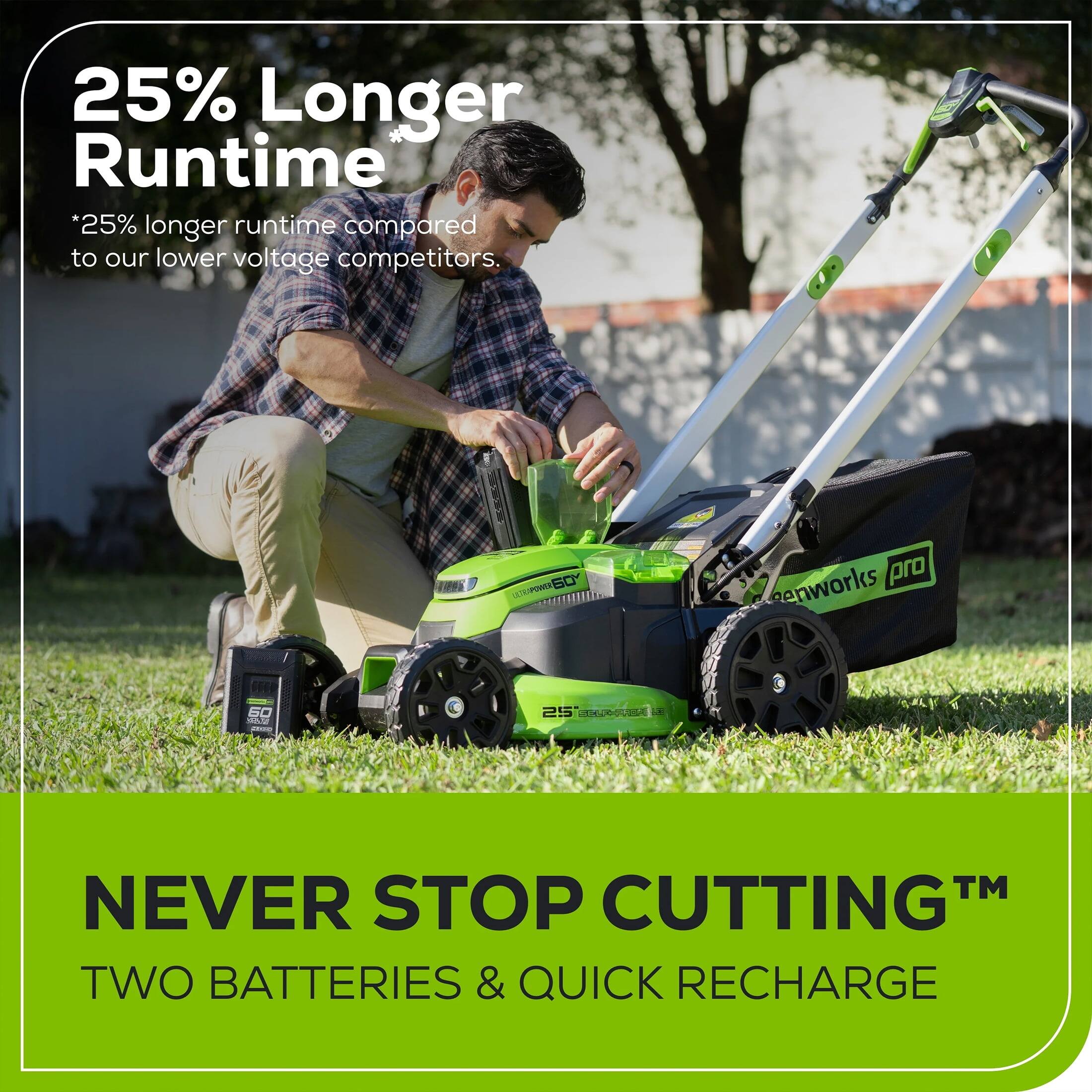 25% Longer Runtime  
*25% longer runtime compared to our lower voltage competitors.  

NEVER STOP CUTTING™  
TWO BATTERIES & QUICK RECHARGE