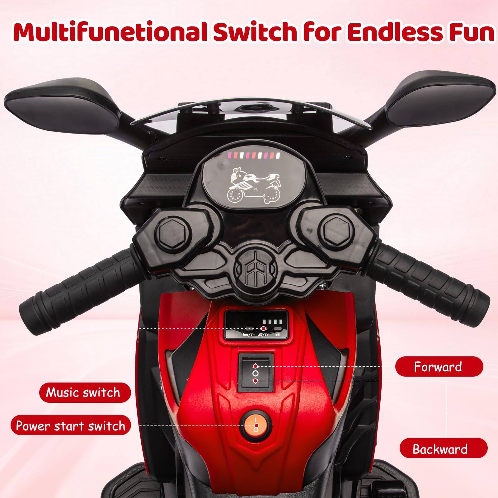 Multifunctional Switch for Endless Fun

- Music switch
- Power start switch
- Forward
- Backward