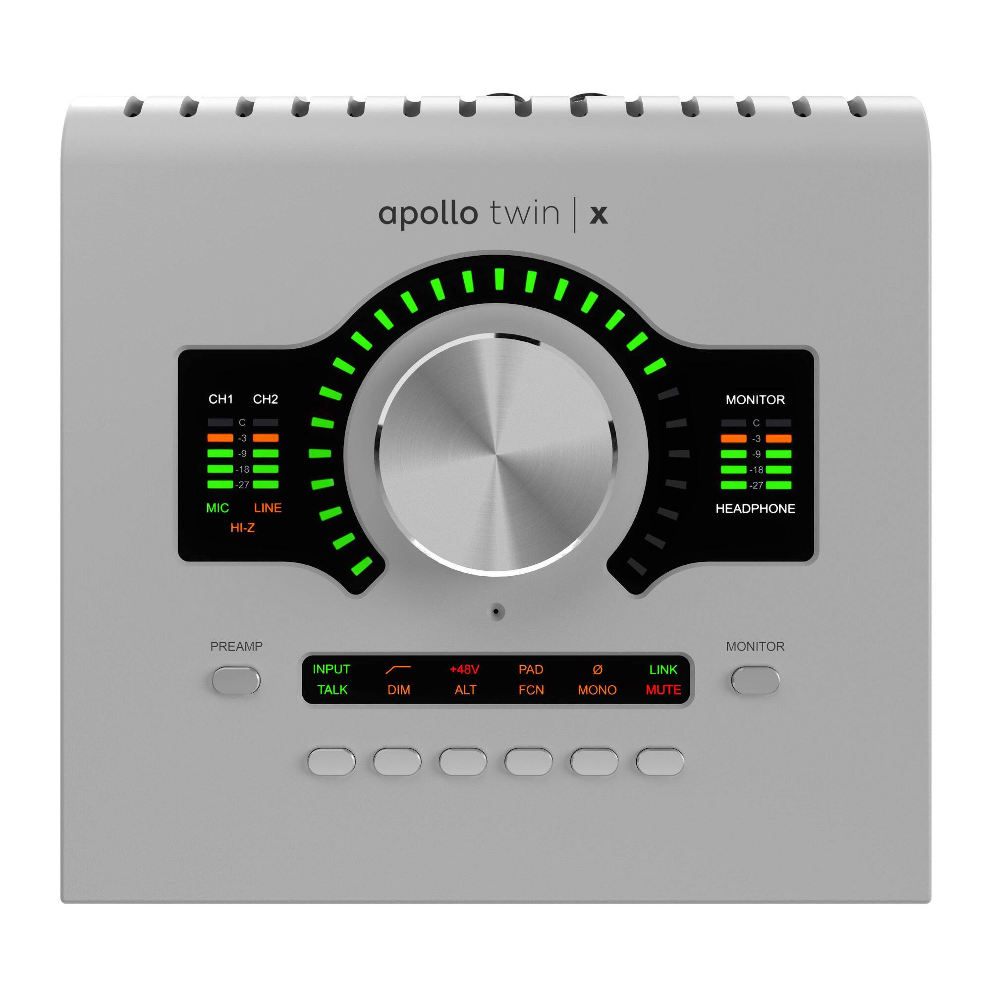 apollo twin | x

CH1 CH2 MONITOR C J 6 C 3 A -18 27 -10 -27 MIC LINE HI-Z HEADPHONE PREAMP MONITOR INPUT TALK DIM +48V ALT PAD FCN MONO LINK MUTE