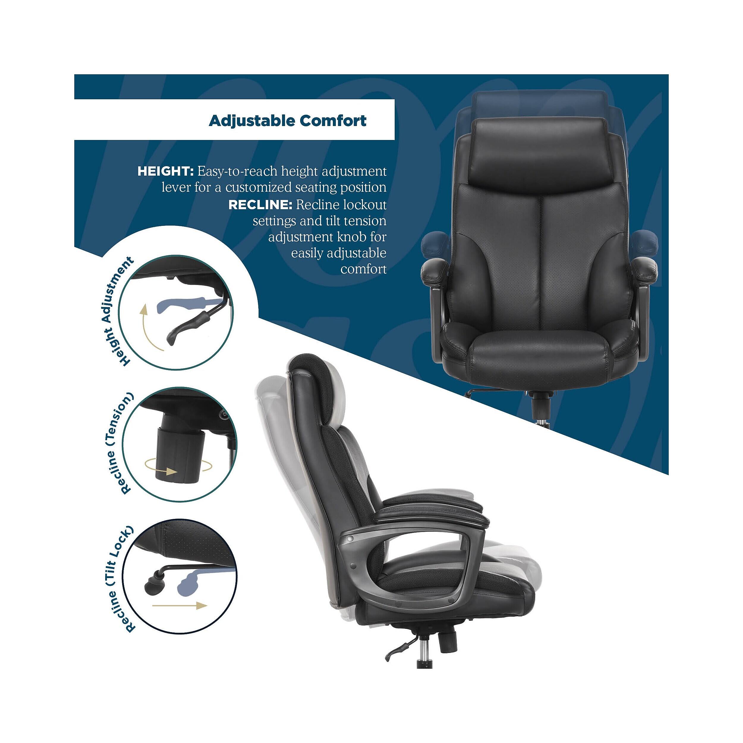 Adjustable Comfort

HEIGHT: Easy-to-reach height adjustment lever for a customized seating position

RECLINE: Recline lockout settings and tilt tension adjustment knob for easily adjustable comfort

Adjustment Height (Tension) Recline Lock