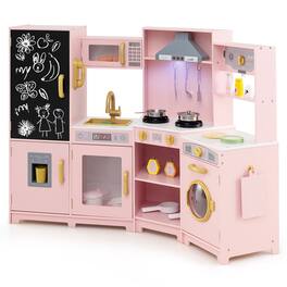 Gymax - Corner Kids Play Kitchen Wooden Pretend Toy Kitchen w/ Realistic Lights - Pink