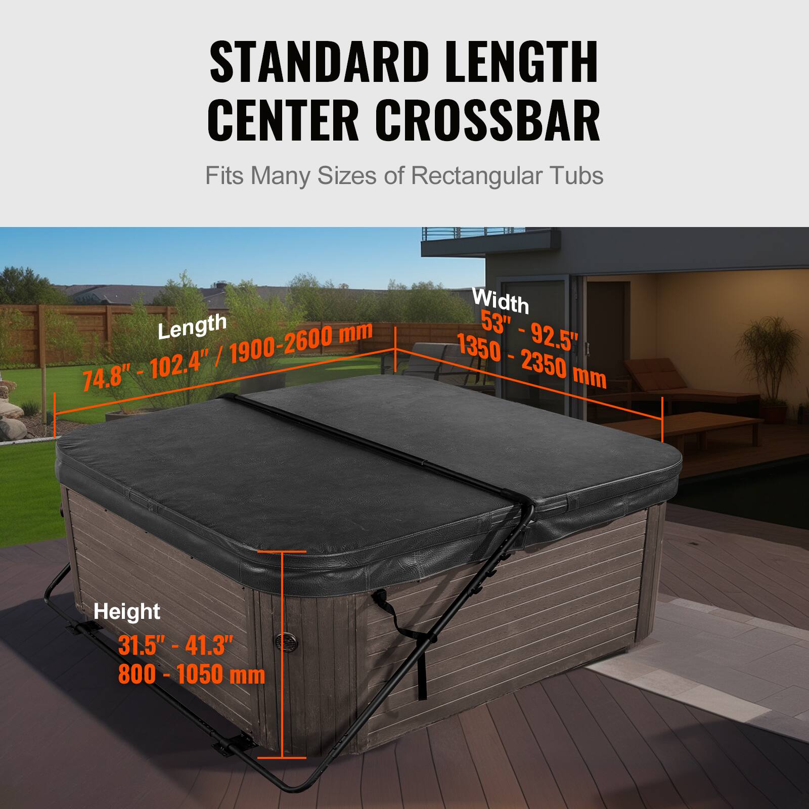 STANDARD LENGTH CENTER CROSSBAR  
Fits Many Sizes of Rectangular Tubs  

Length: 1900-2600 mm (74.8" - 102.4")  
Width: 53" - 92.5" (1350 - 2350 mm)  
Height: 31.5" - 41.3" (800 - 1050 mm)