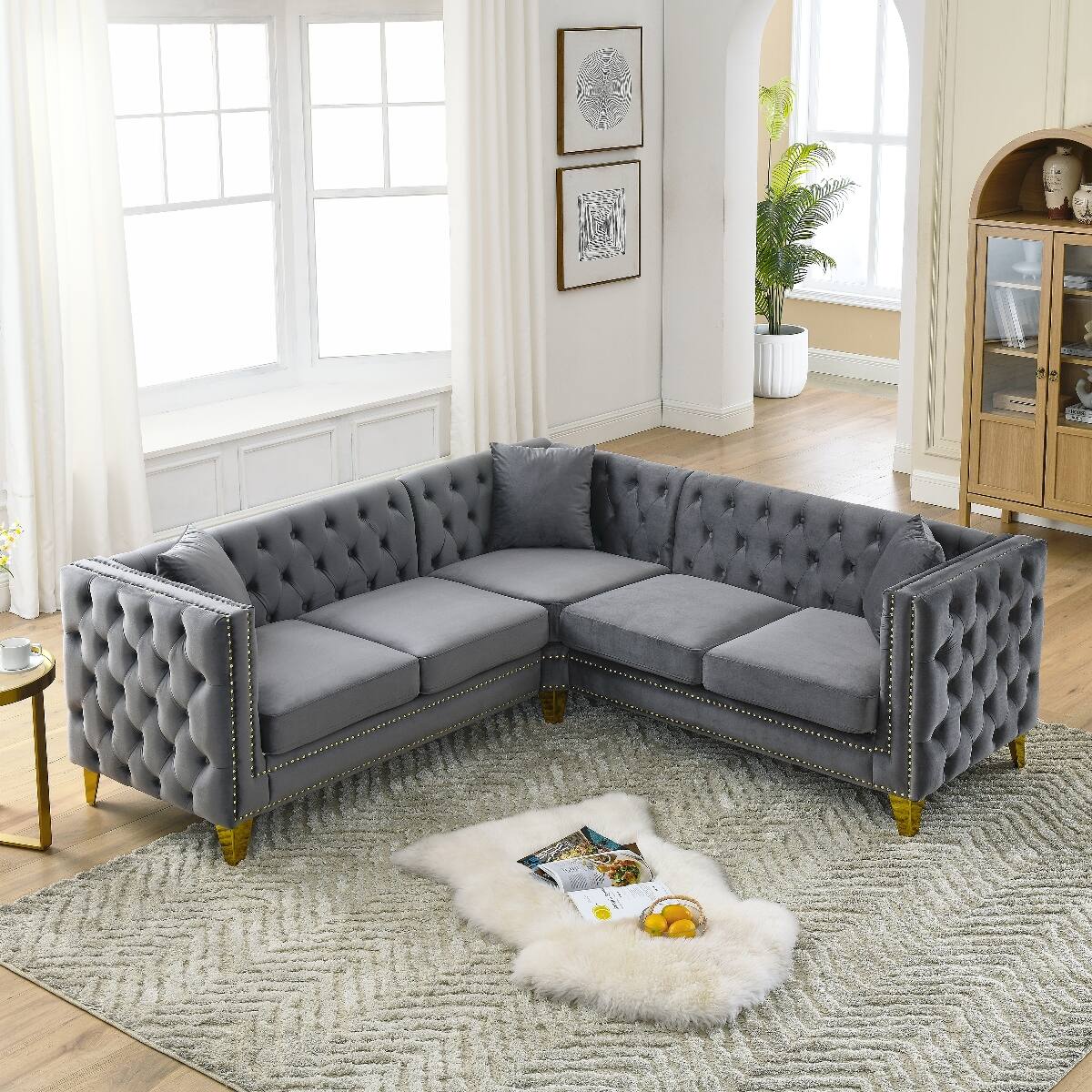 Front. Ropilly - Ropilly Velvet Corner Sofa L Shaped Sectional Couch Gray 5 Seat Chesterfield Style for Living Room Apartment - Gray.