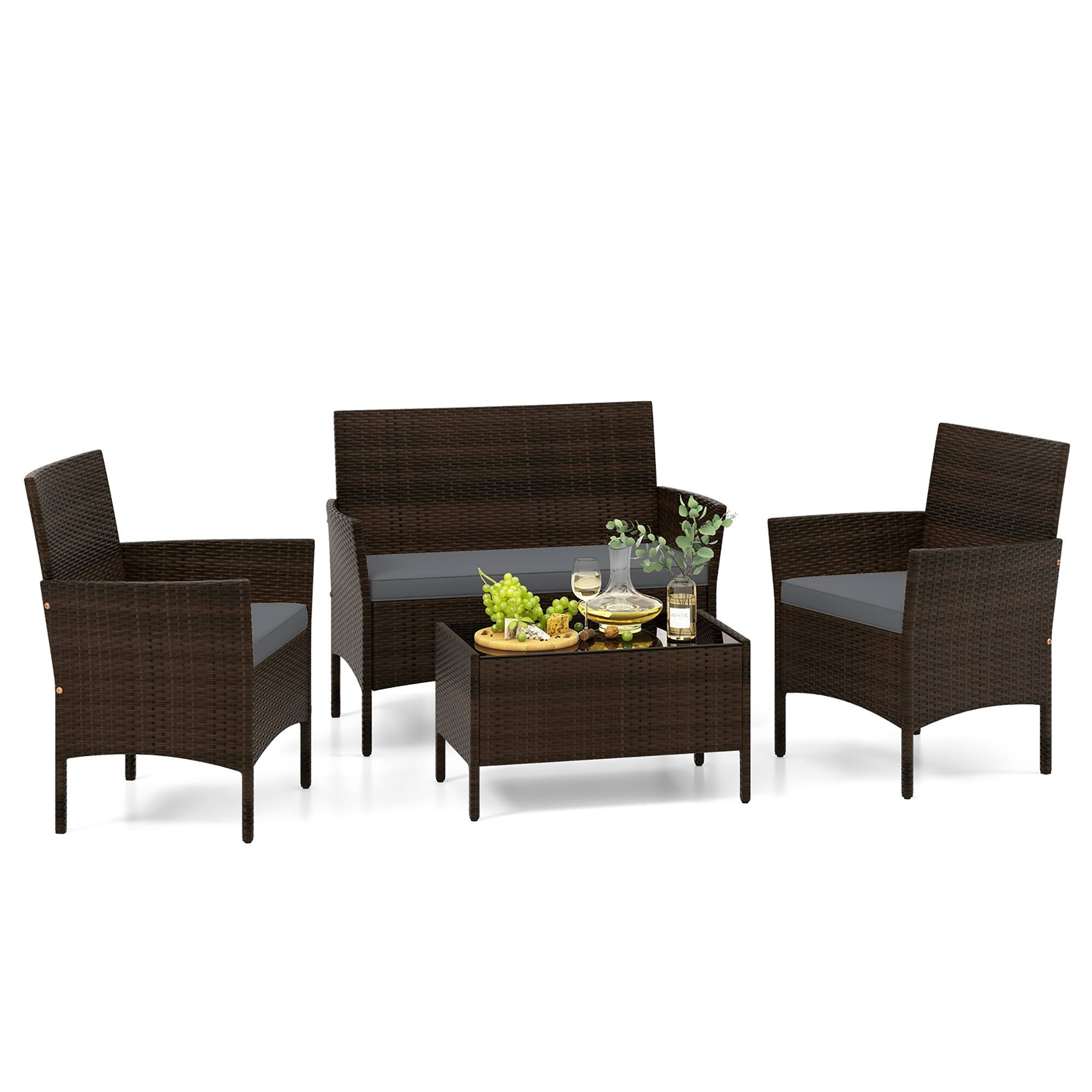 Alt View 1. Gymax - Gymax 4 Piece Patio Rattan Conversation Set Outdoor Wicker Furniture Set w/ Chair & Loveseat - Mix Brown, Gray.