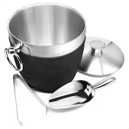 Fortune Candy - Insulated 2.8L Ice Bucket, Double-Wall Stainless Steel w/Lid, Ice Tongs & Scoop, Handmade Nylon Holder for Parties, Bar - Black