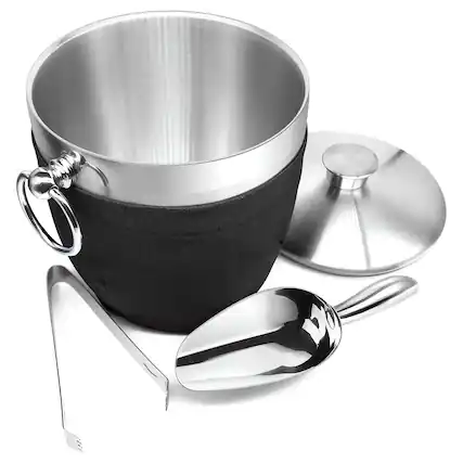 Front. Fortune Candy - Insulated 2.8L Ice Bucket, Double-Wall Stainless Steel w/Lid, Ice Tongs & Scoop, Handmade Nylon Holder for Parties, Bar - Black.