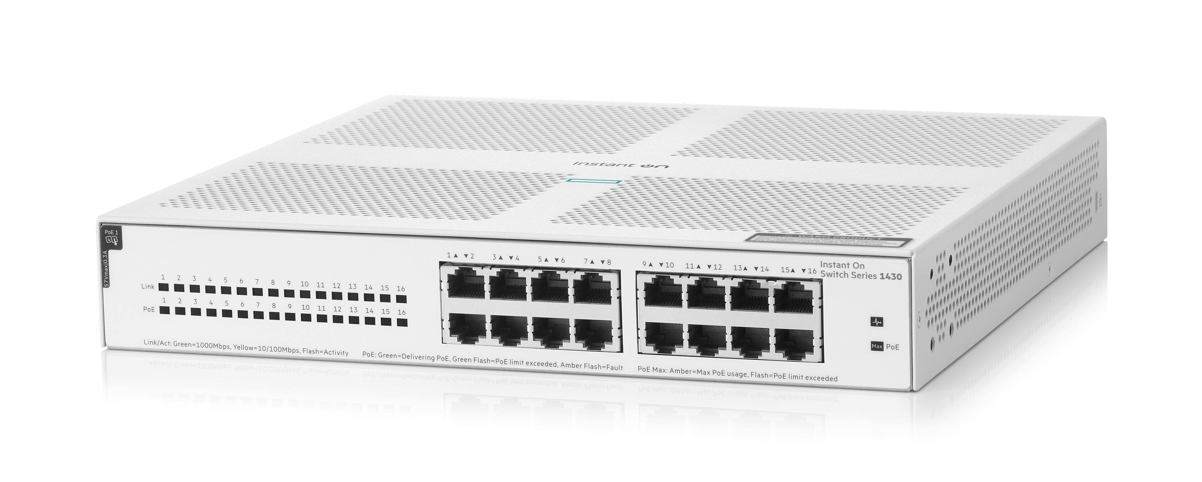 Link POE 1 1 : 1 3 4 4 1 i 4 & 1 , A 8 9 + s0 Do 11 11 12 12 13 13 14 14 15 15 56 36 -  A  Sa  7A VH a Y 10 i1A 12 13A 14 Instant On 15A 16 Switch Series 1430

LinkJAct: Green-1000Mbps Green Yellow- 10/100Mbps Flash- Activity PoE: Green-Delivering PoE Green Flash-PoE limit exceeded Amber Flash-Fault PoE Mx Max: Amber-Max Amber Max PoE usage. Flash=PoE limit exceeded