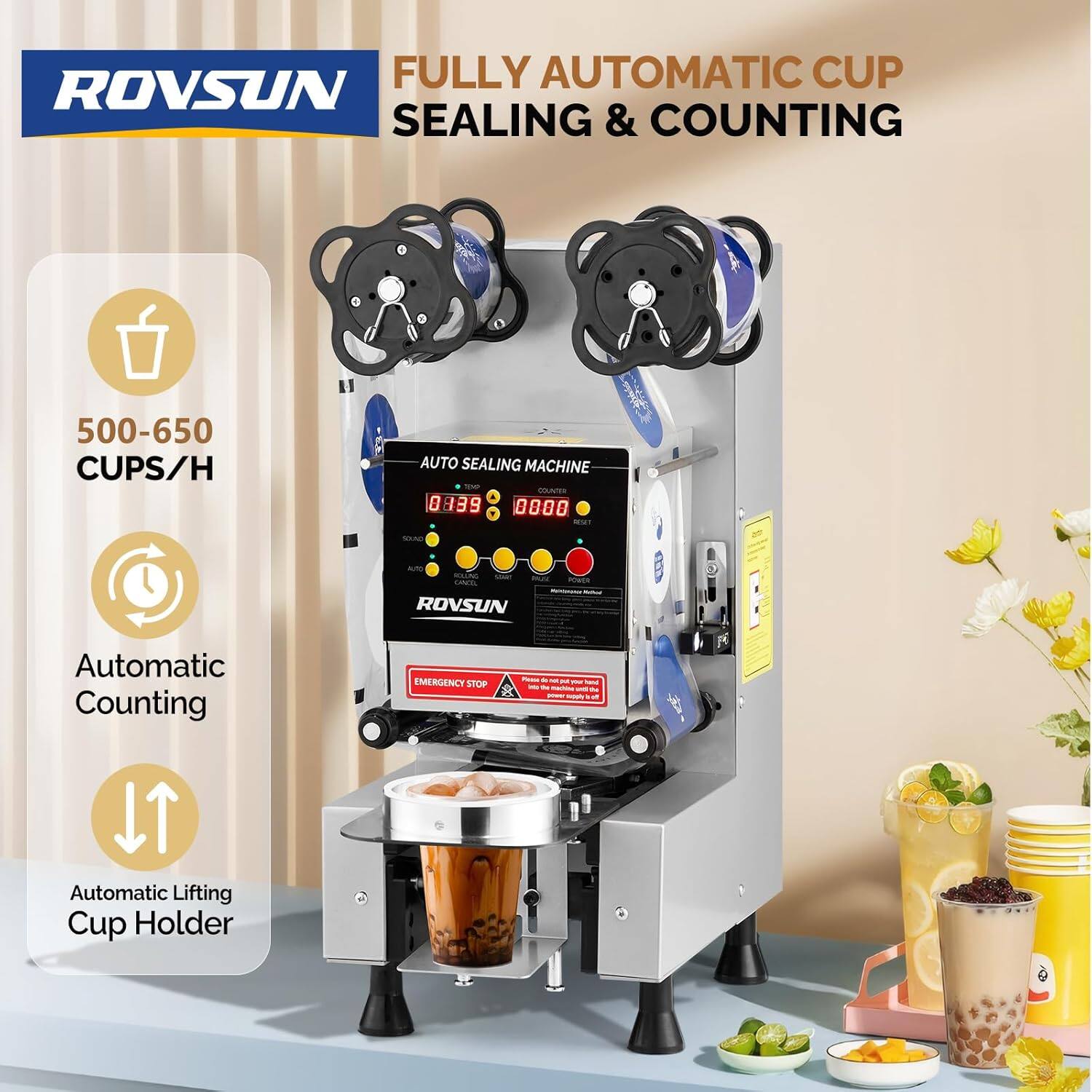 FULLY AUTOMATIC CUP SEALING & COUNTING  
500-650 CUPS/H AUTO SEALING MACHINE  
- VTES 0039 8:39 0000  
- ROVSUN Automatic Counting  
- EMERGENCY STOP  
- Automatic Lifting Cup Holder