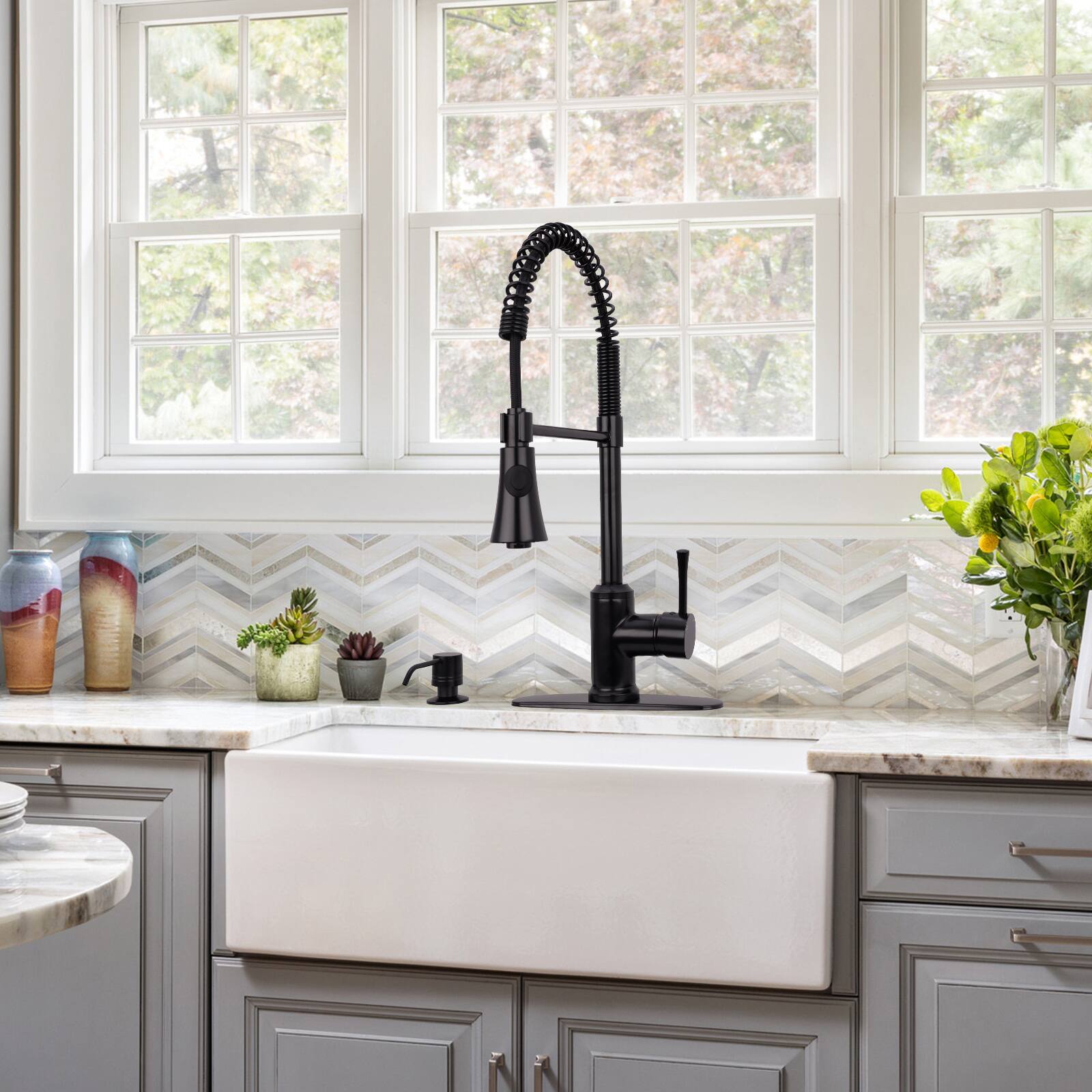 Alt View 7. Akicon - Akicon Pre-Rinse Spring Solid Brass Single Handle 360° Swivel Kitchen Faucet with Pull Down Sprayer in Matte Black - Matte Black.