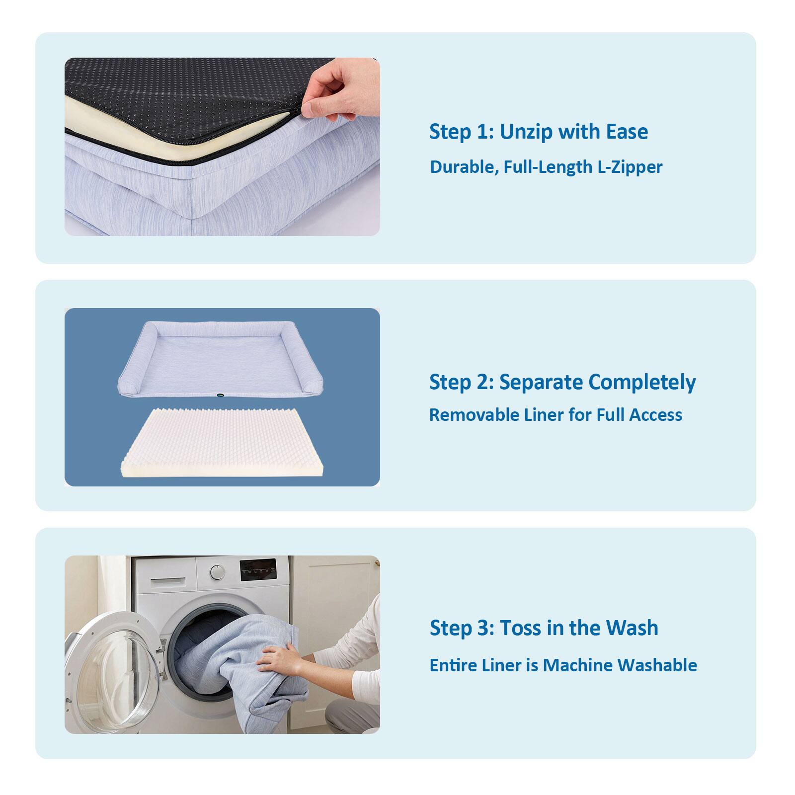 Step 1: Unzip with Ease  
Durable, Full-Length L-Zipper  

Step 2: Separate Completely  
Removable Liner for Full Access  

Step 3: Toss in the Wash  
Entire Liner is Machine Washable