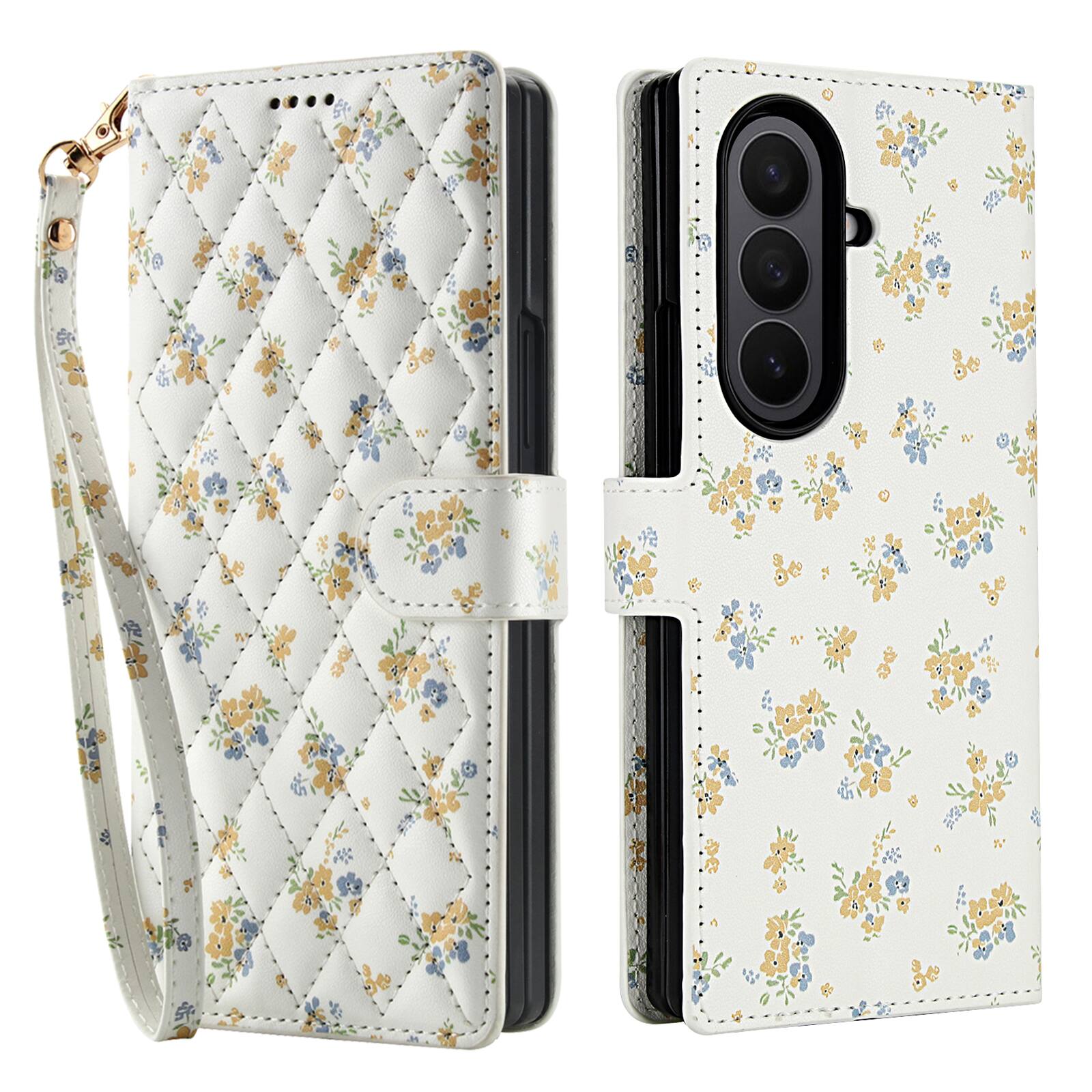 Angle. Dteck - Floral Wallet Case for Samsung Galaxy Z Fold7 with Wrist Strap, Premium PU Leather Shockproof Protective Flip Cover - D.