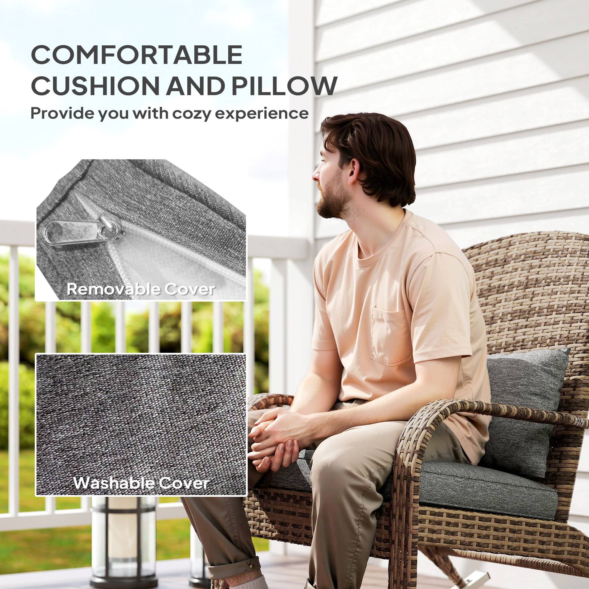COMFORTABLE CUSHION AND PILLOW  
Provide you with cozy experience  

Removable Cover  
Washable Cover