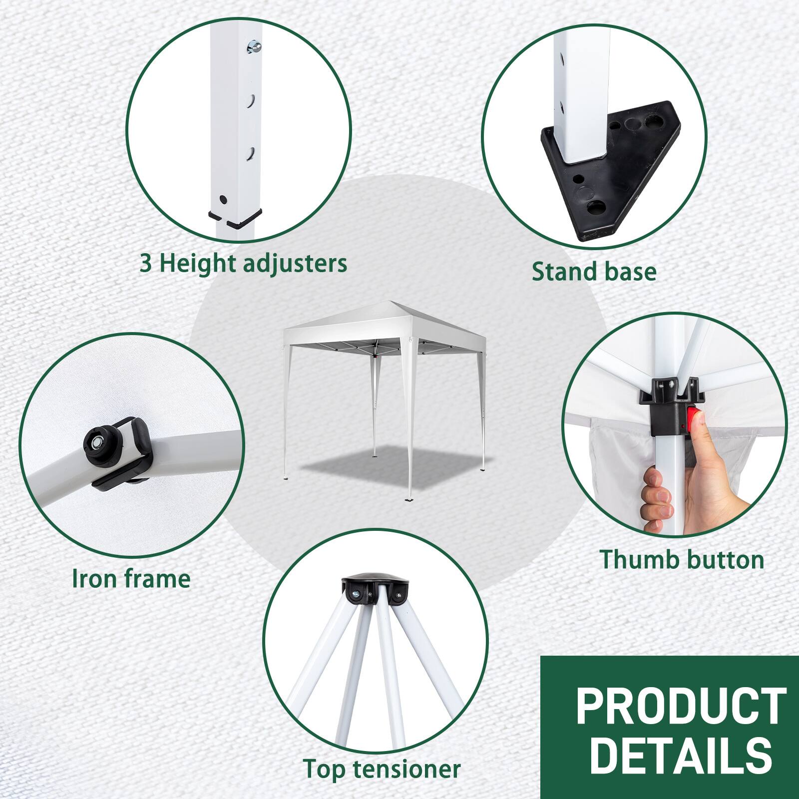 3 Height adjusters  
Stand base  
Iron frame  
Thumb button  
Top tensioner  

PRODUCT DETAILS