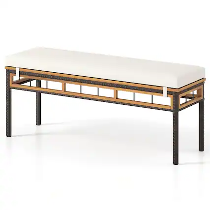 Front. Costway - Costway 48" Wicker Patio Bench with Acacia Wood Seat Removable Padded Cushion for Garden - Natural,Mix Brown.
