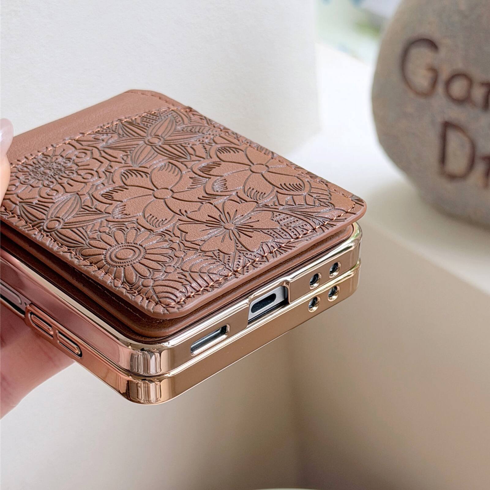 Alt View 8. Dteck - Shockproof Leather Wallet Phone Case for Samsung Galaxy Z Flip8 with Ring Clasp, Rigid Plastic Floral Flip Stand Cover - Brown.