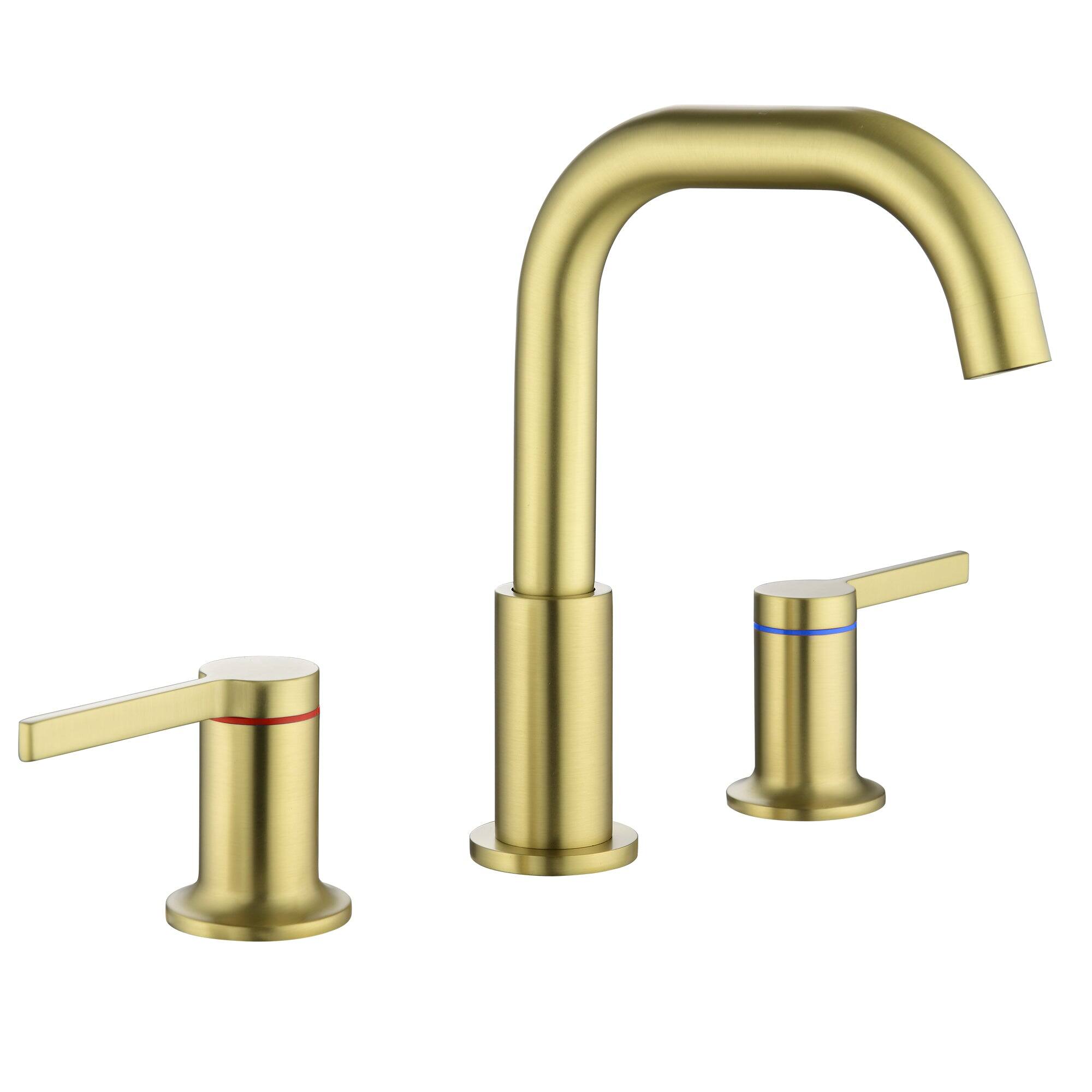 Left. Boyel Living - 8 in Widespread Double Handle 1.2 GPM Bathroom Faucet with Quick Connect Hose and Water Supply Hose in Brushed Gold - Brushed Gold.