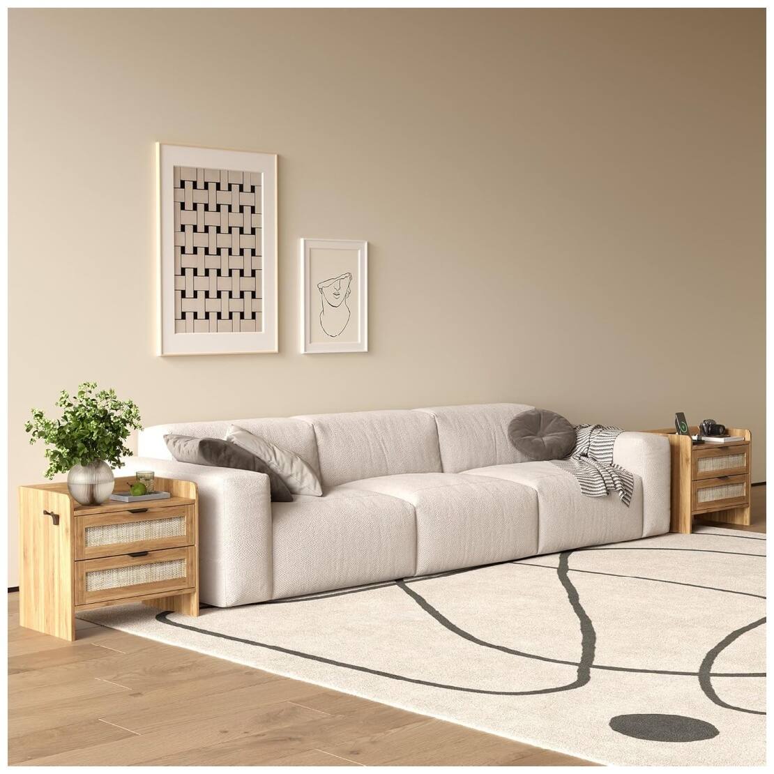 Left. GARVEE - Rattan Nightstand, Bedside Table with Type-C Charging Station - 2 Storage Drawer Space, Walnut Brown 1pcs - Walnut.