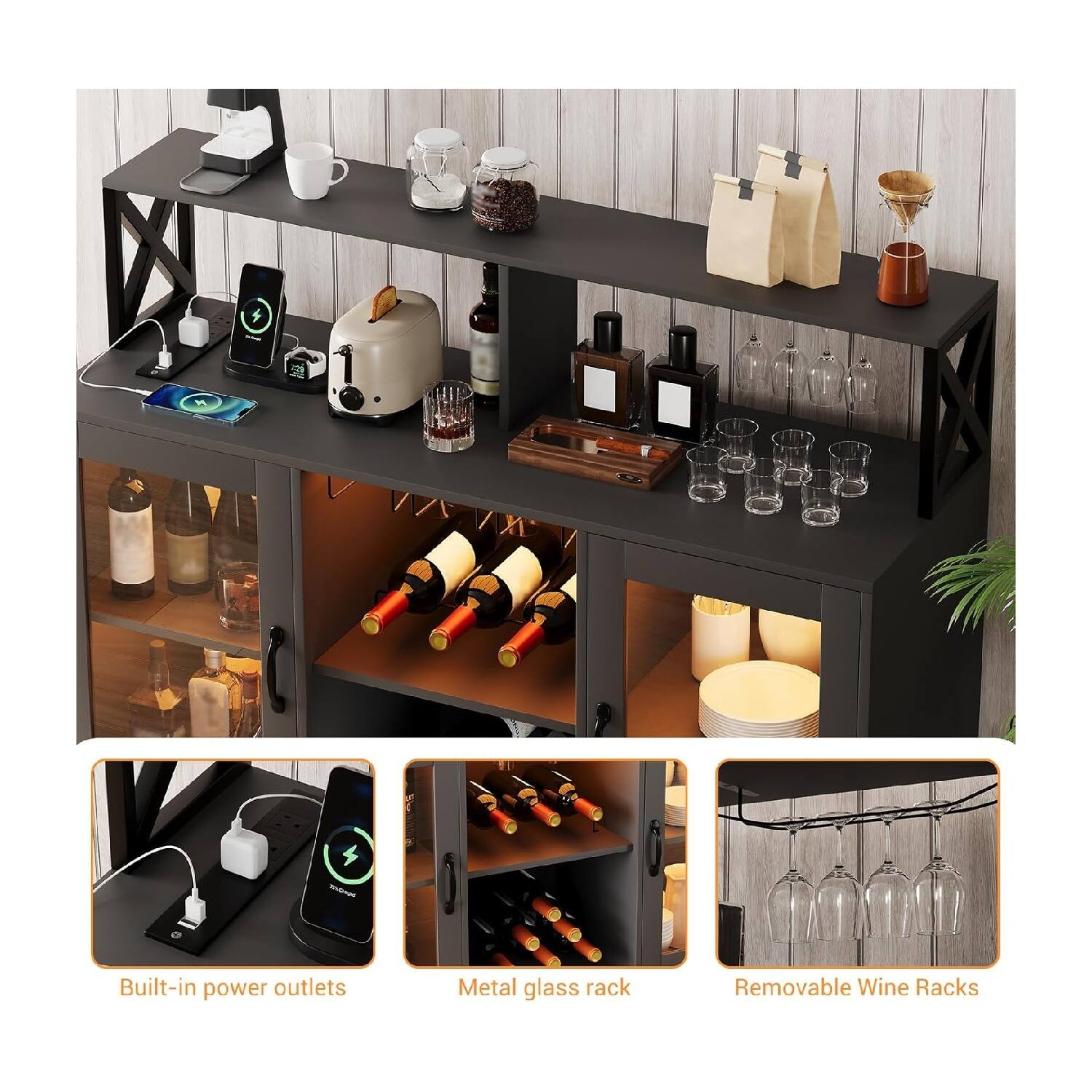 - Built-in power outlets
- Metal glass rack
- Removable Wine Racks