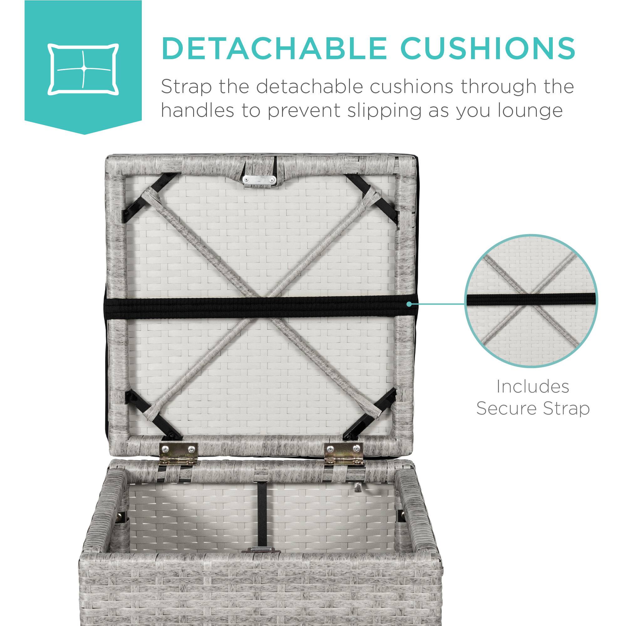 DETACHABLE CUSHIONS

Strap the detachable cushions through the handles to prevent slipping as you lounge

Includes Secure Strap