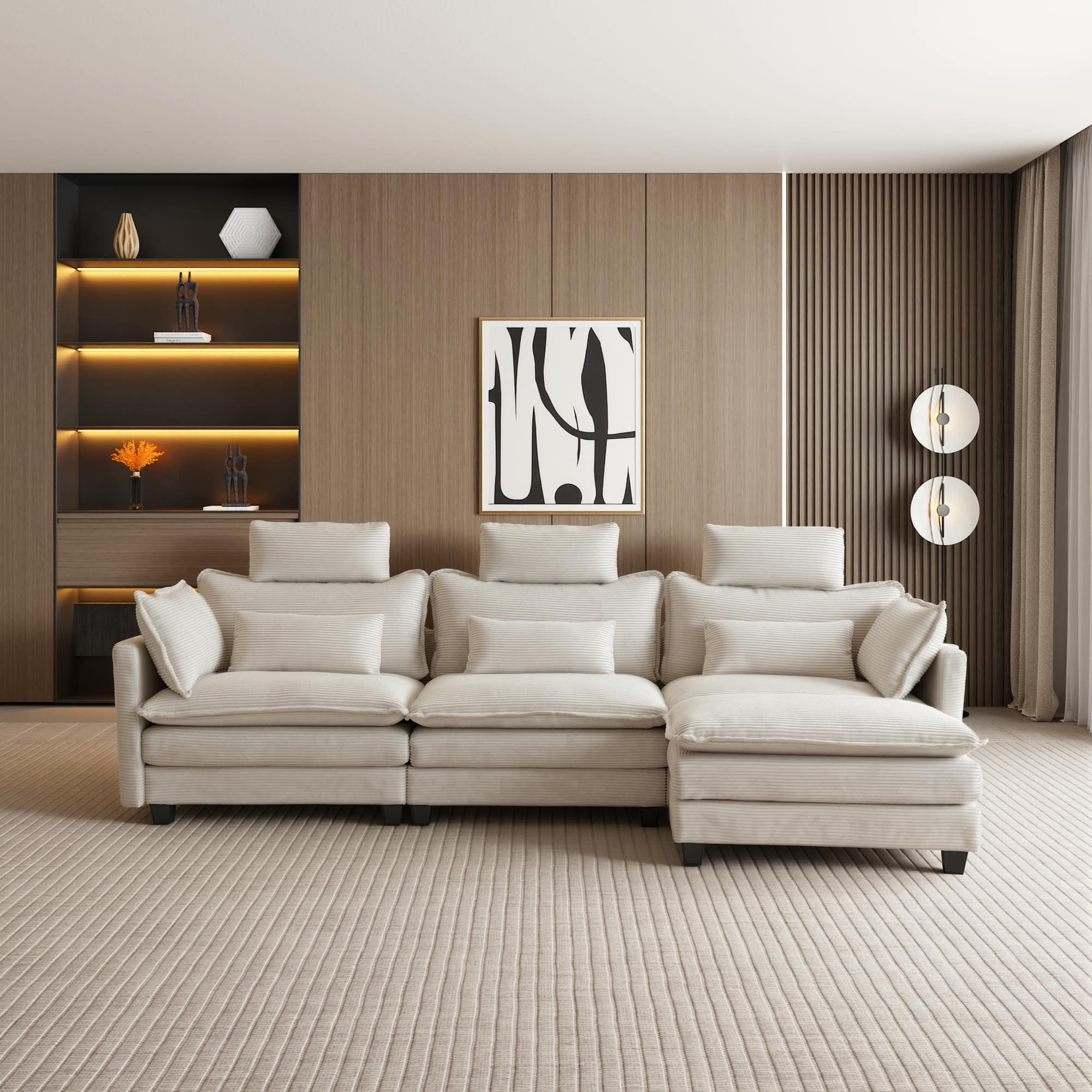 Front. Homsee - Corduroy L-Shaped Sectional Sofa, 4-Seater Living Room Couch with High Backrest, Pocket Springs & Plush Pillows - White.