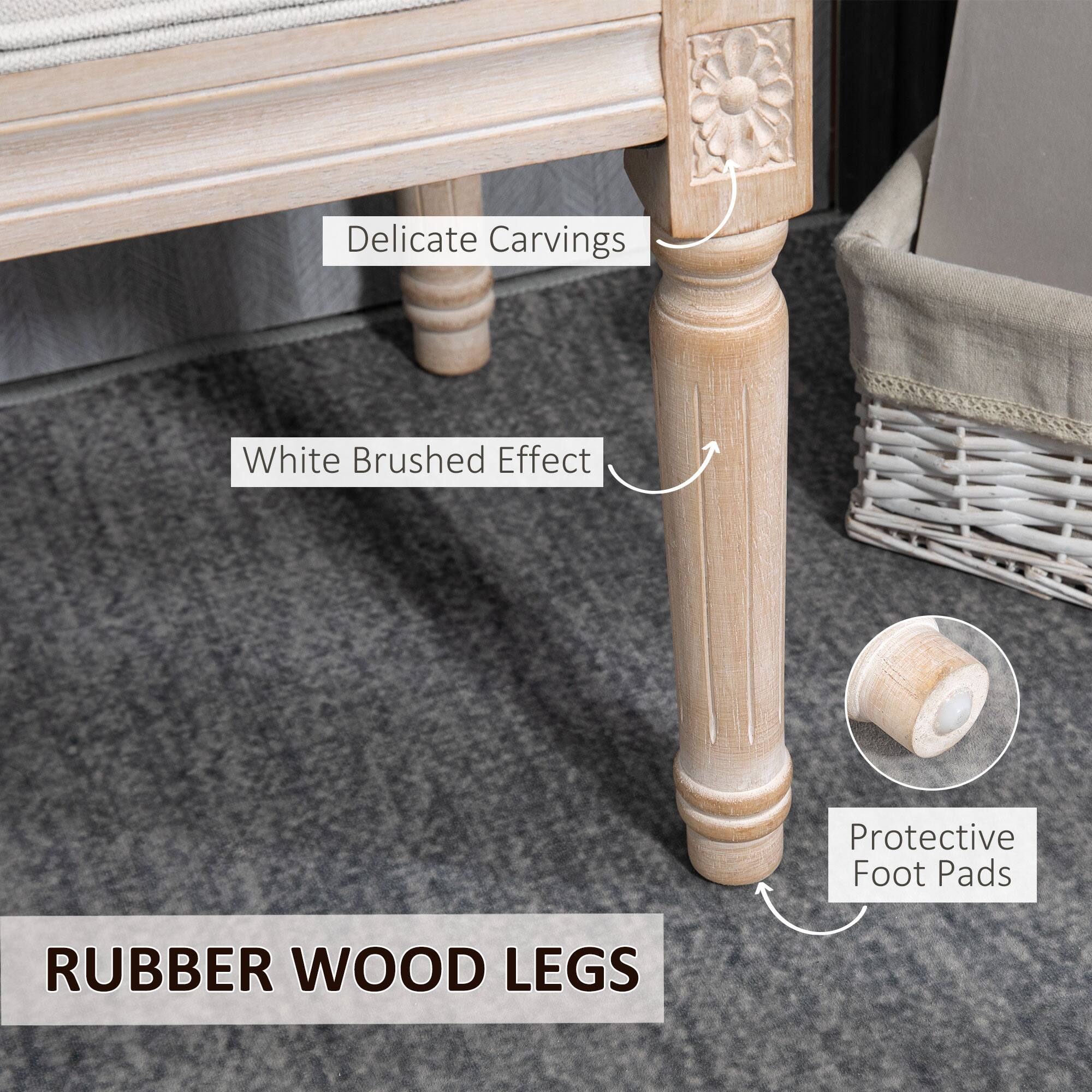 Delicate Carvings  
White Brushed Effect  
Protective Foot Pads  

RUBBER WOOD LEGS