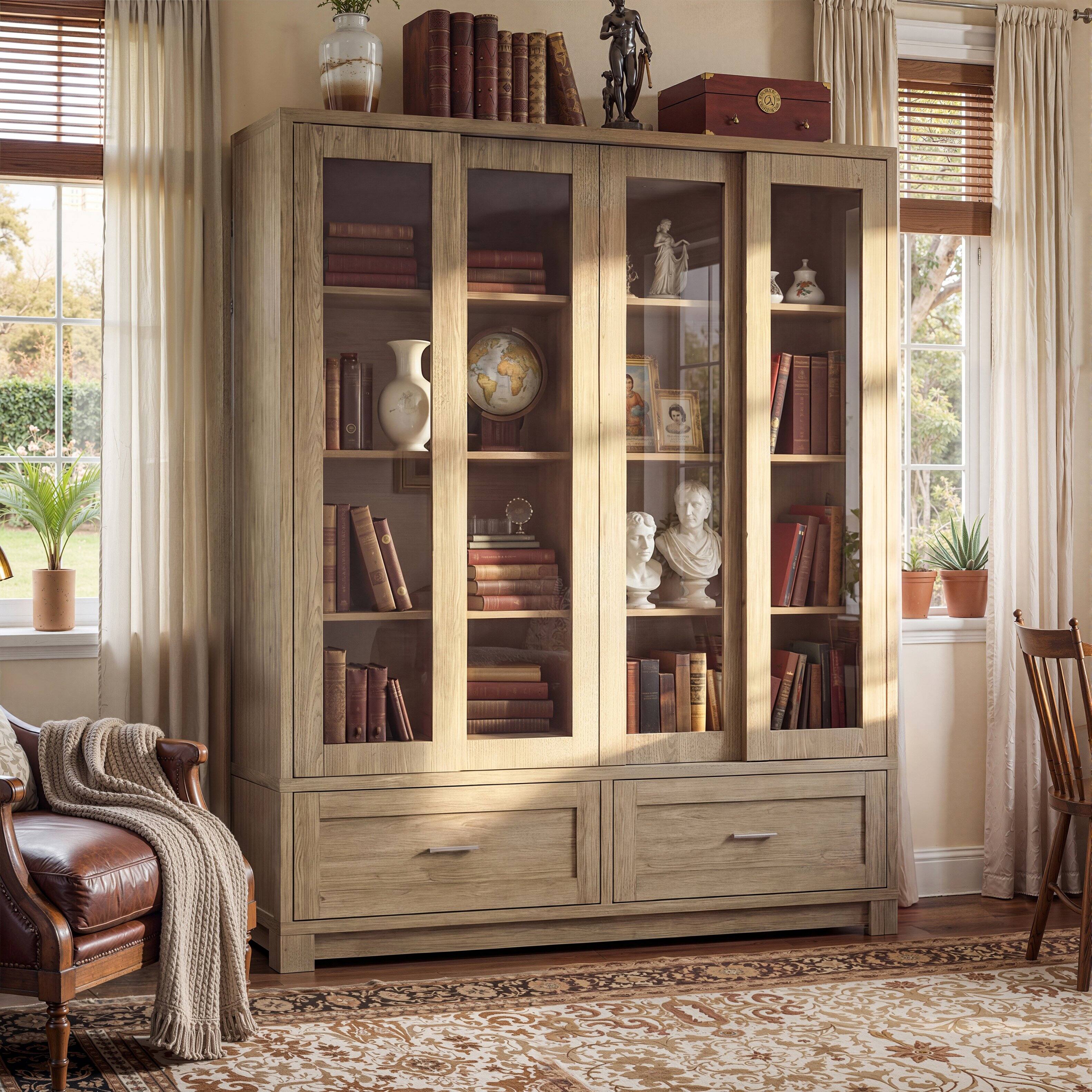 Angle. Famapy - Glass Door Display Bookcase, Wood Grain Storage Cabinet with Fixed Shelves.