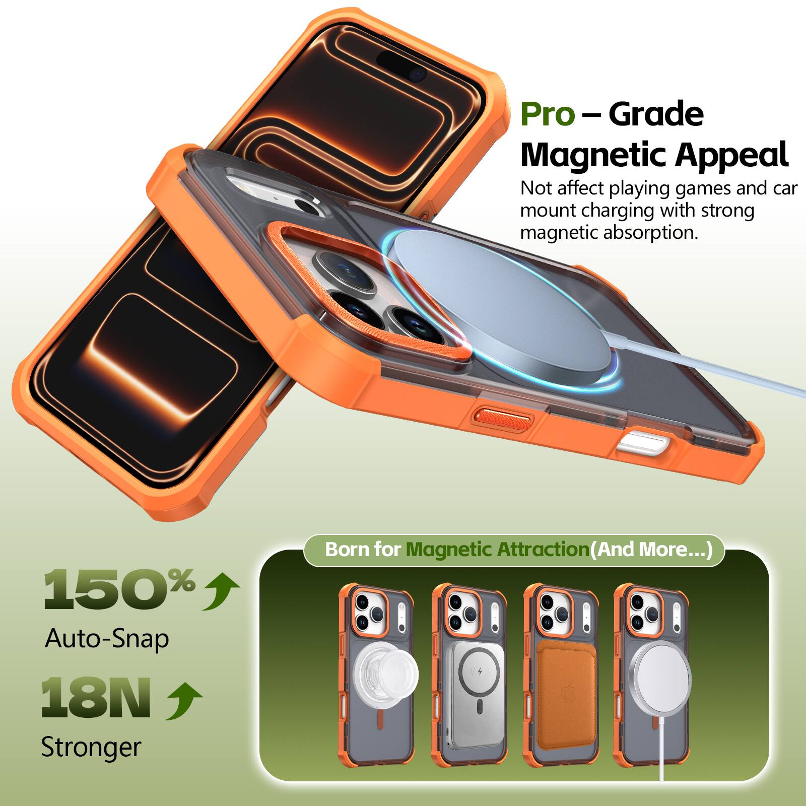 Pro-Grade Magnetic Appeal  
Not affect playing games and car mount charging with strong magnetic absorption.  

150% Auto-Snap  
18N Stronger  

Born for Magnetic Attraction (And More...)