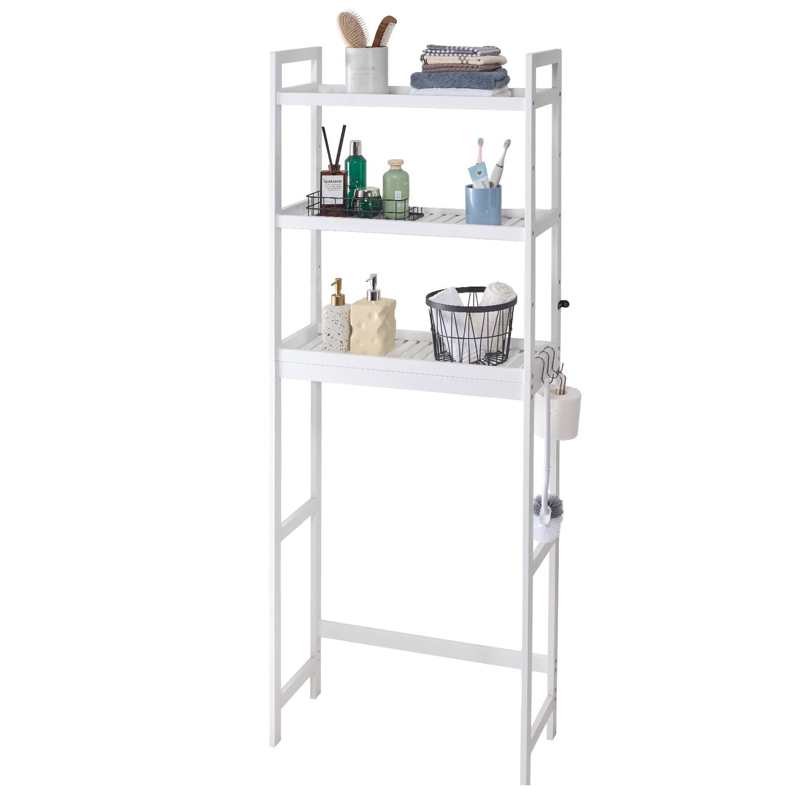 Alt View 5. VEVOR - Over the Toilet Storage, 3-Tier Adjustable Over Toilet Bathroom Organizer, Bamboo Storage Shelf Rack with 3 Hooks - White.