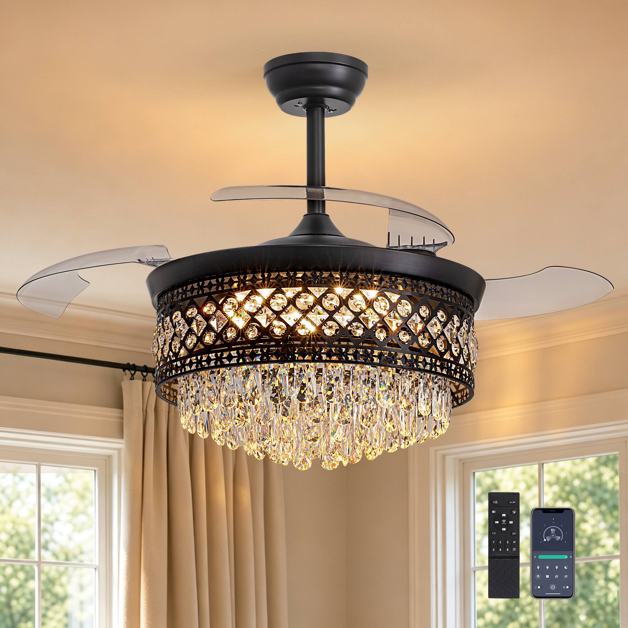 Angle. Siljoy - 48-Inch 3 Blade Black Downrod Round K9 Crystal Retractable Blades Fan Chandelier For Dining Living Kitchen Foyer - Black.