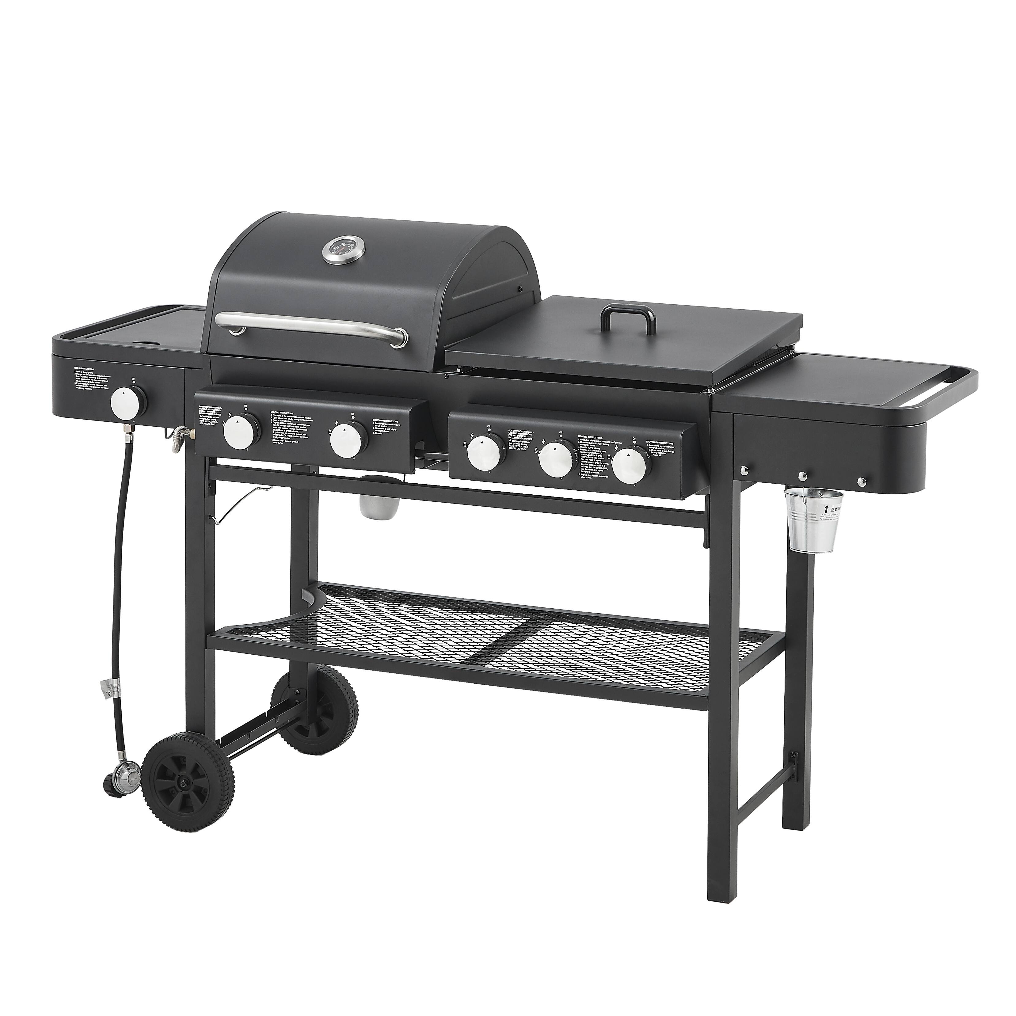 Angle. COWLOWN - 5 Burner All in One Propane Gas Grill and Griddle 56000 BTU 745 Sq In Heavy Duty Stand Black.