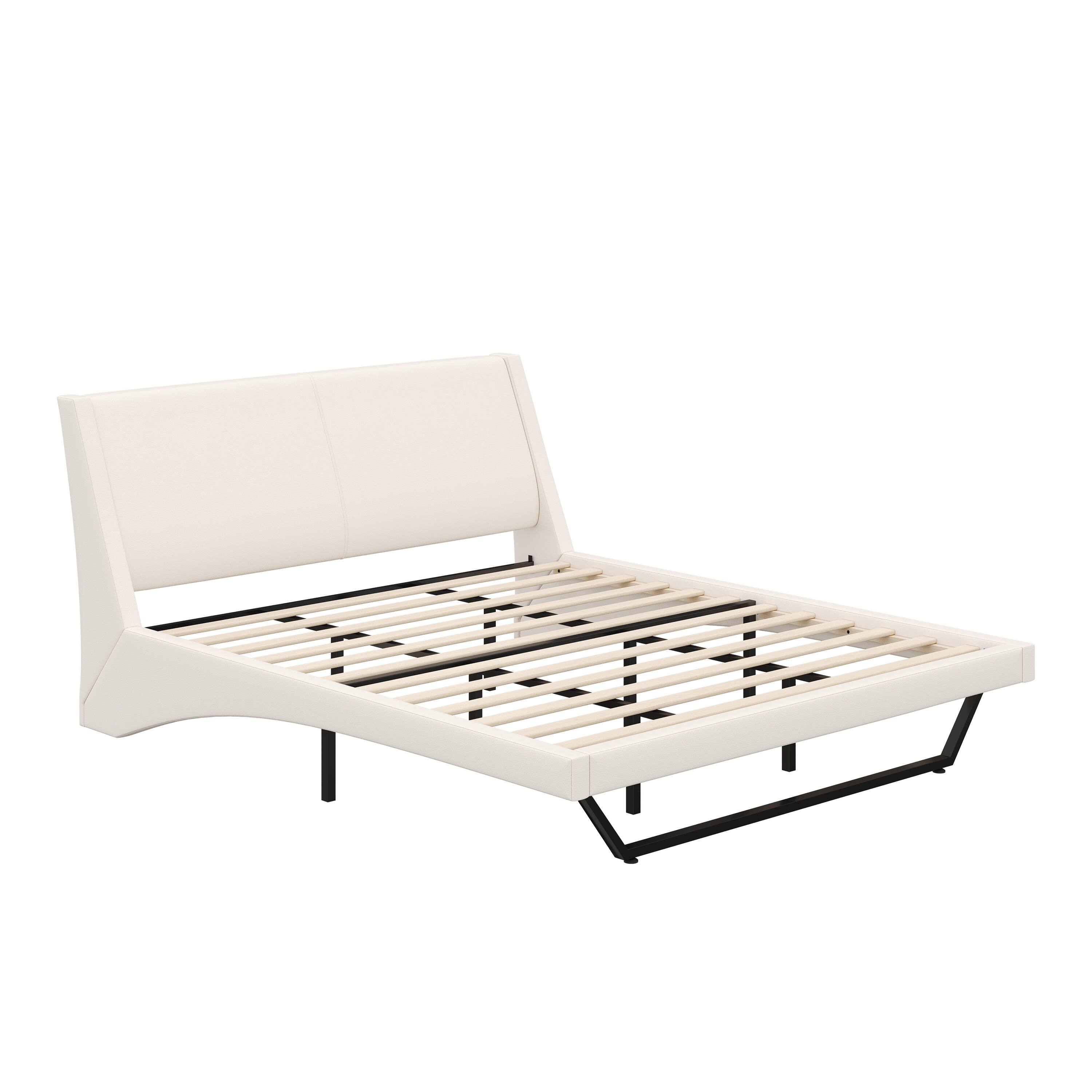 Left. Whisen - King Size Upholstered Platform Bed Frame with Trapezoidal-Shaped Leg for Bedroom - White.