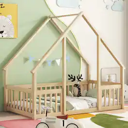 GOODSILO - House-Shaped Twin Floor Bed with Safety Fence and Guardrails for Children's Playful Sleep Space - Natural